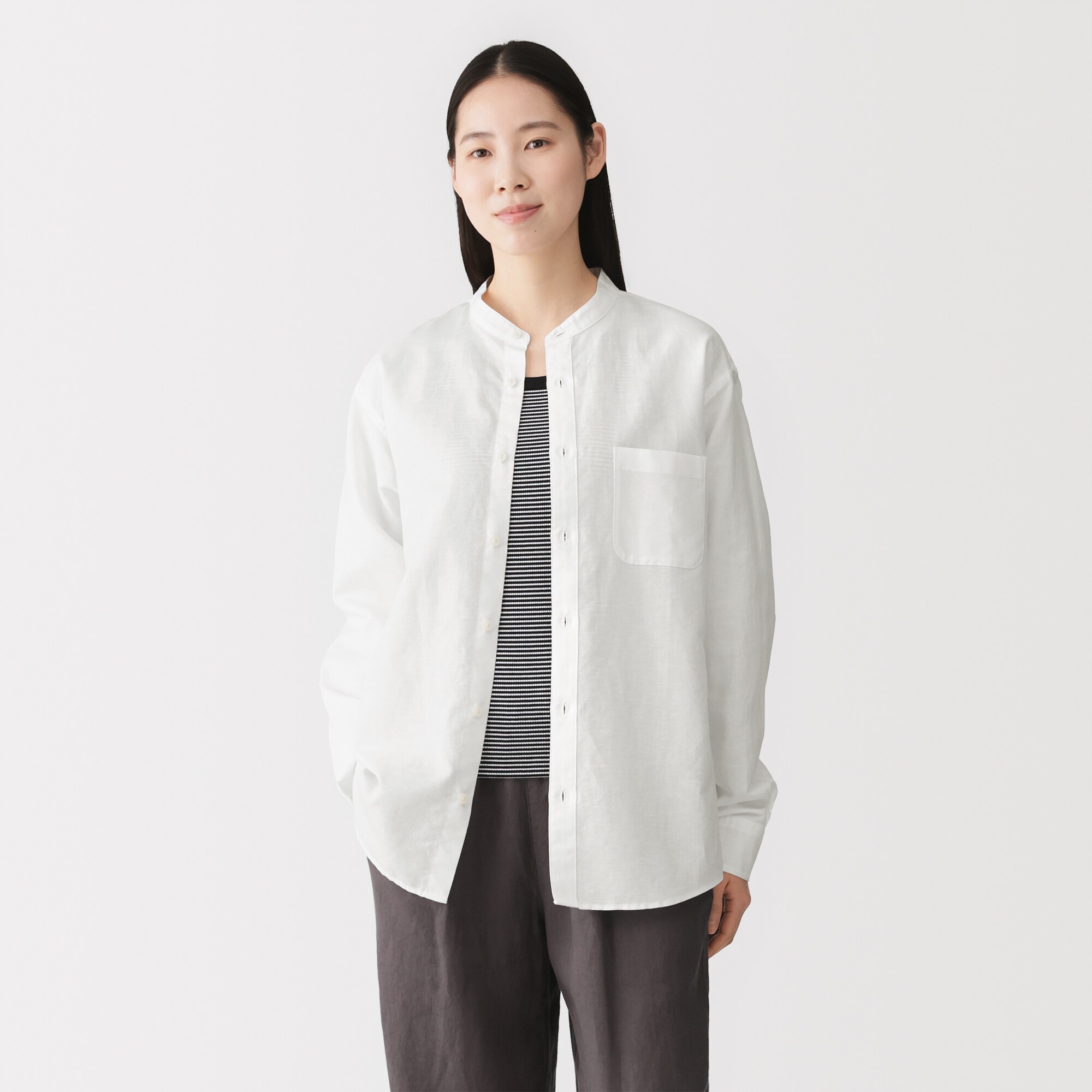 紳士　ヘンプコットンスタンドカラー長袖シャツ