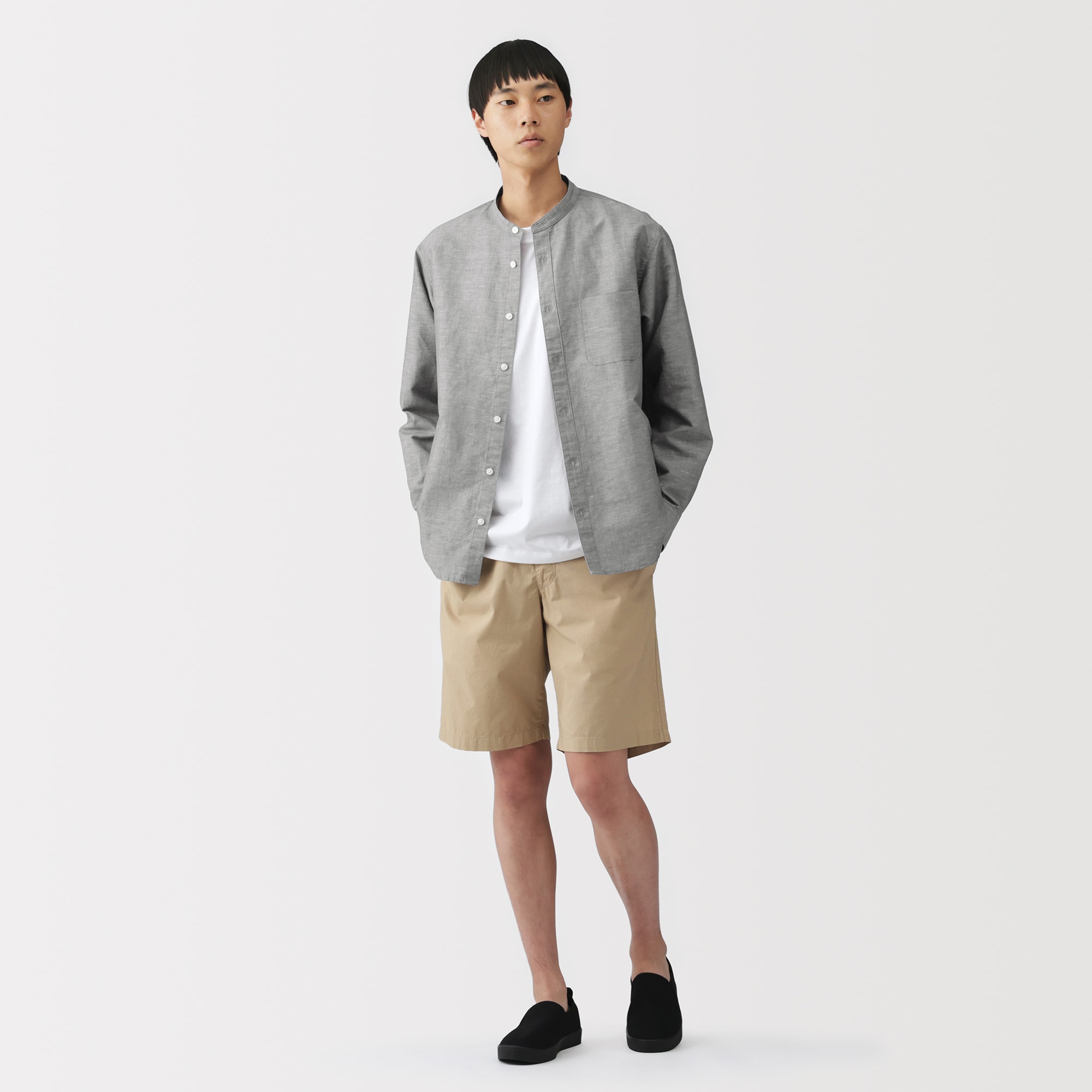 紳士　ヘンプコットンスタンドカラー長袖シャツ