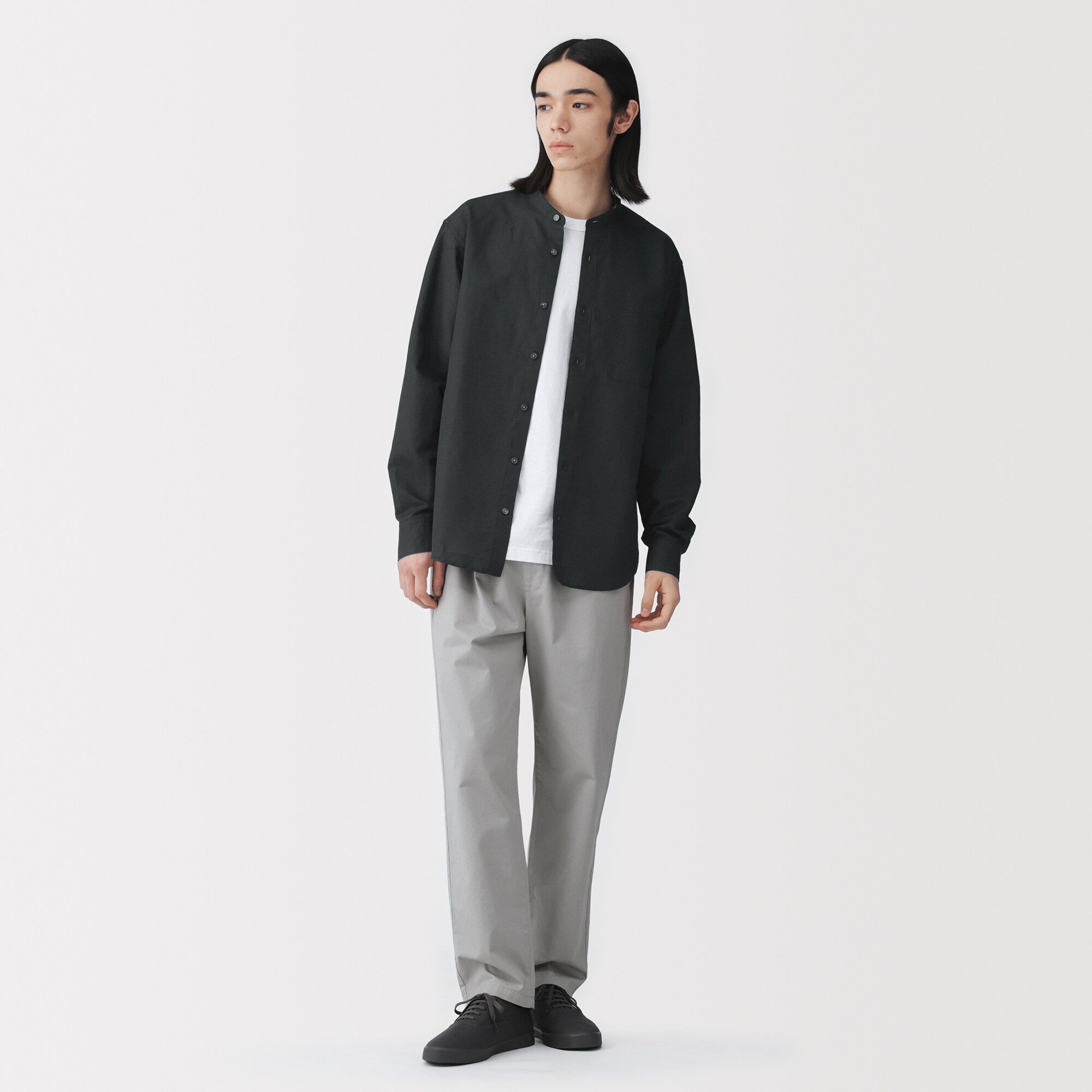 紳士　ヘンプコットンスタンドカラー長袖シャツ