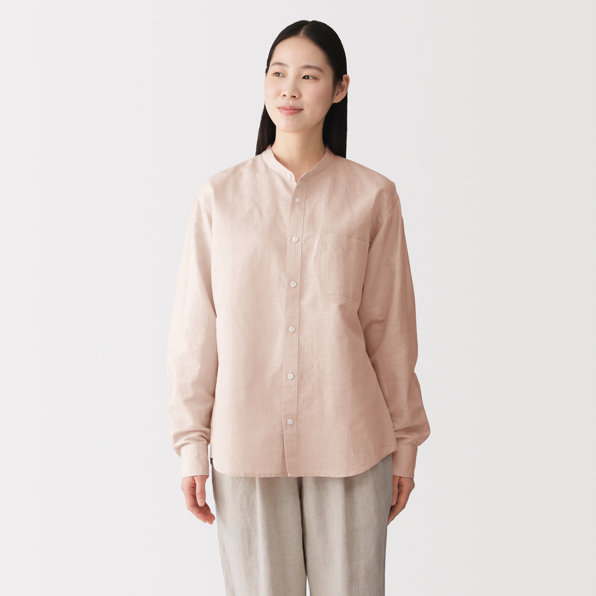 紳士　ヘンプコットンスタンドカラー長袖シャツ