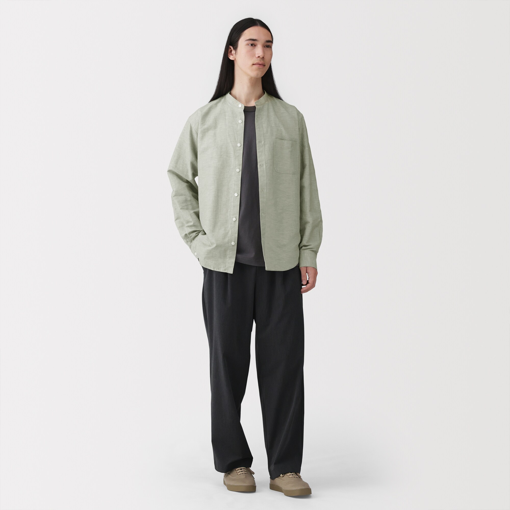紳士　ヘンプコットンスタンドカラー長袖シャツ