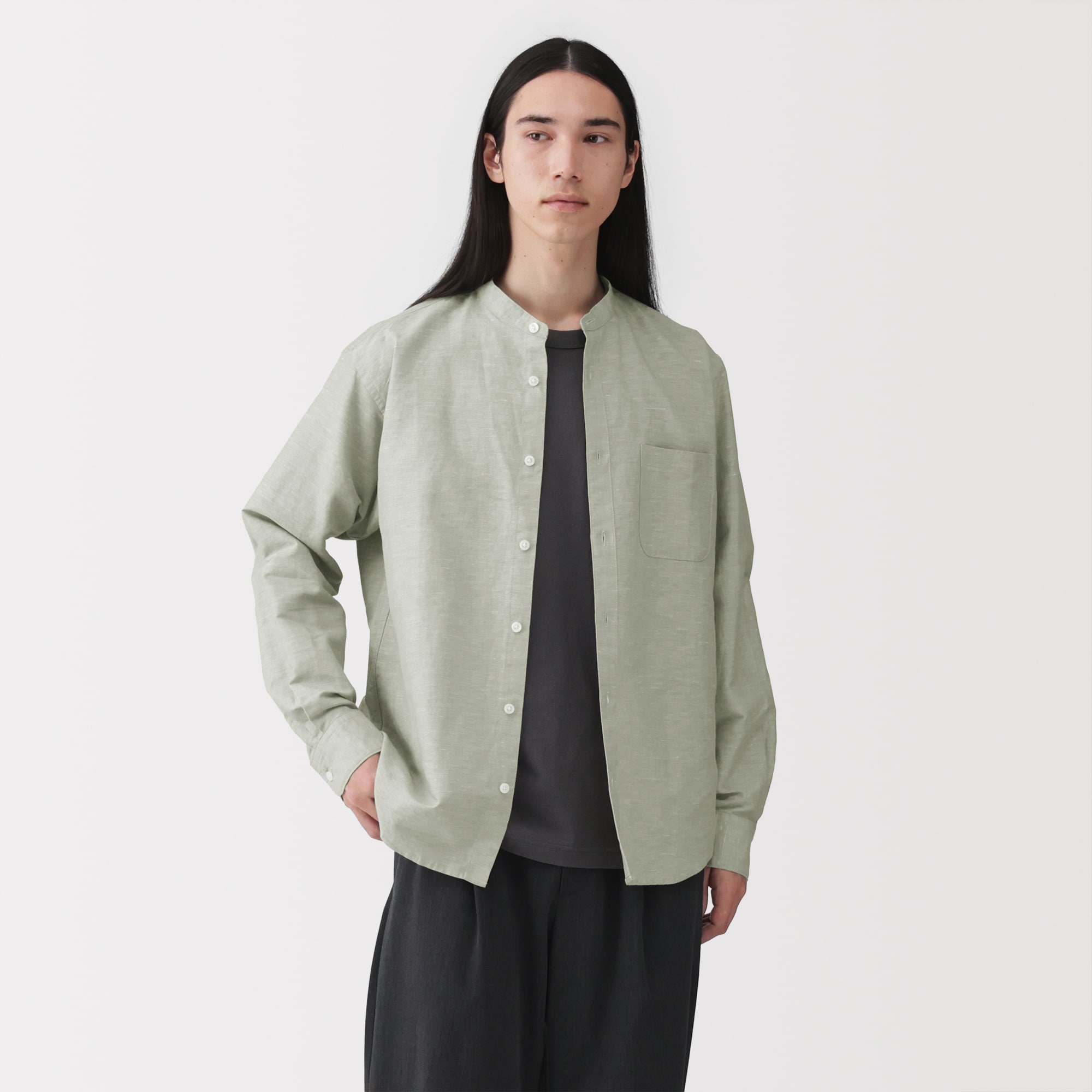 紳士　ヘンプコットンスタンドカラー長袖シャツ