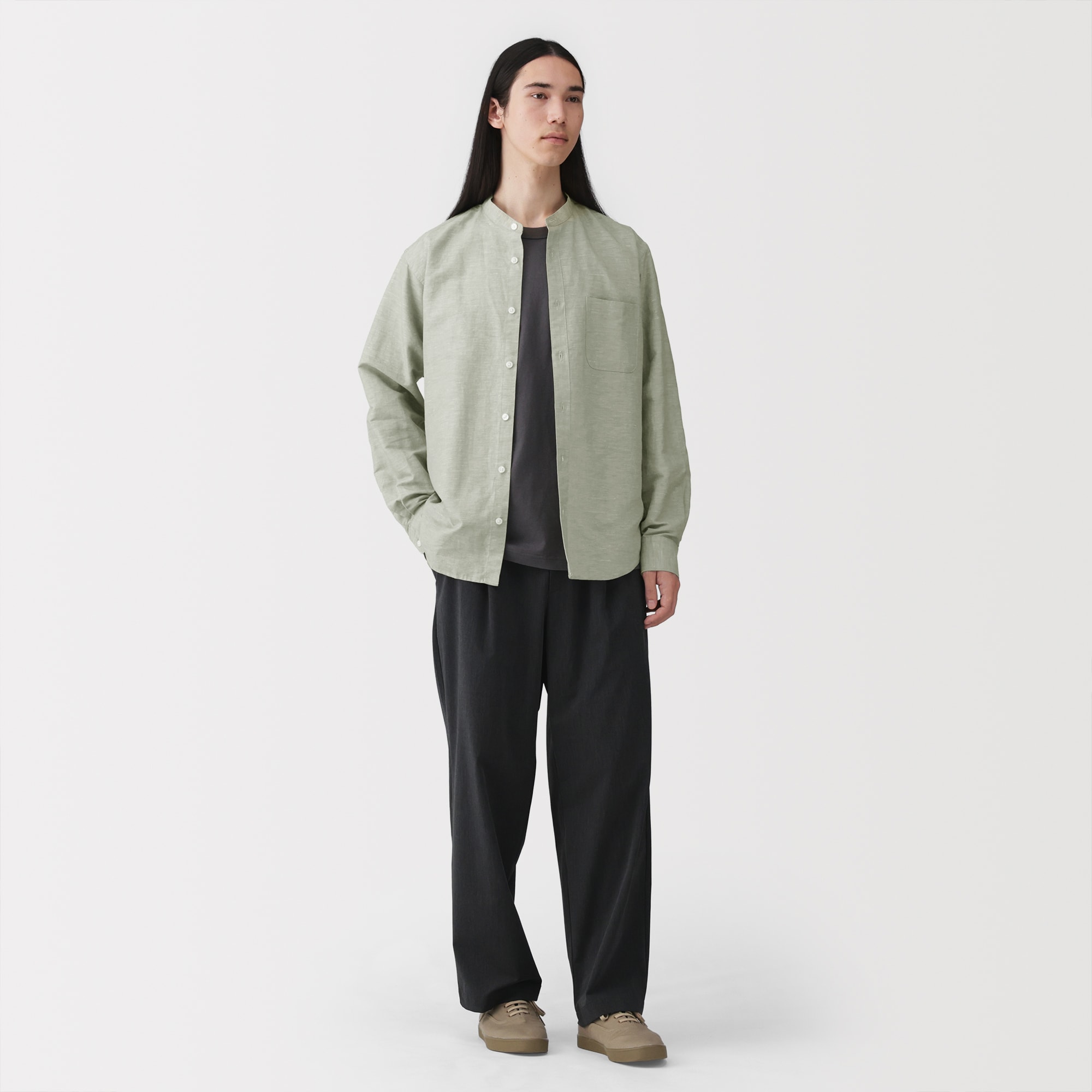 紳士　ヘンプコットンスタンドカラー長袖シャツ