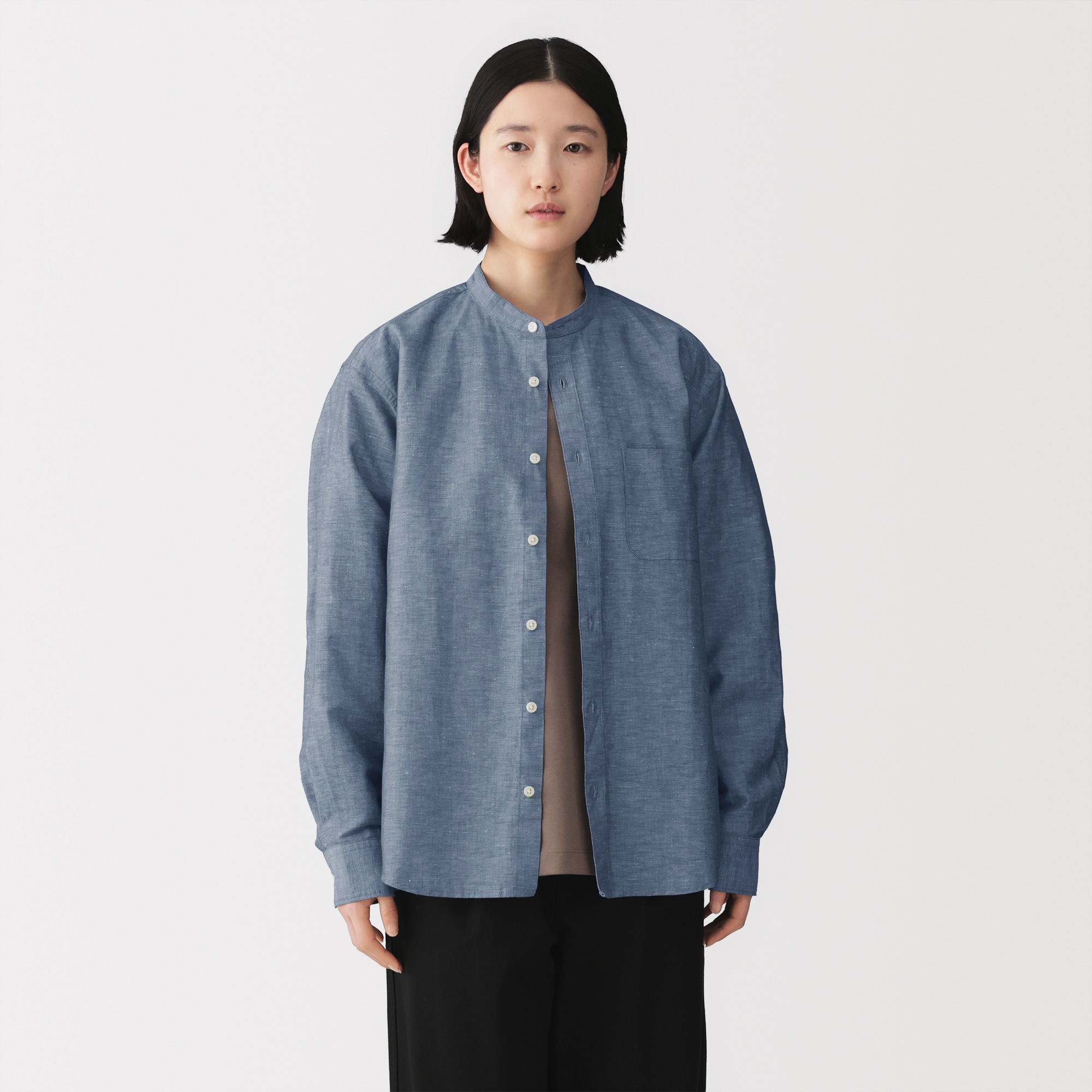 紳士　ヘンプコットンスタンドカラー長袖シャツ