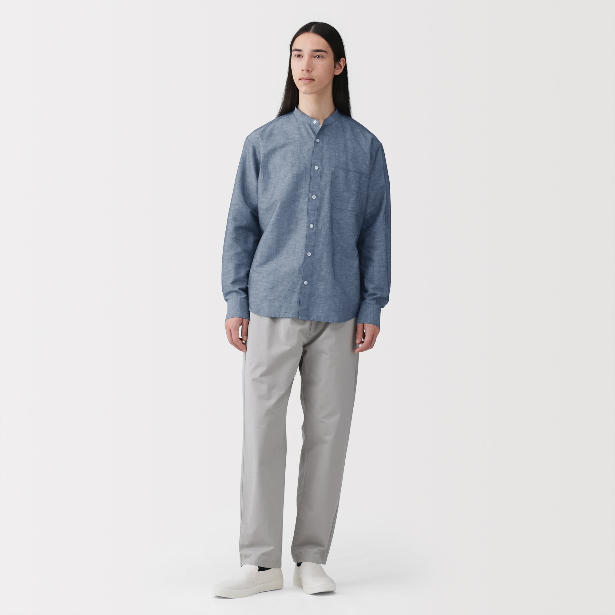 紳士　ヘンプコットンスタンドカラー長袖シャツ