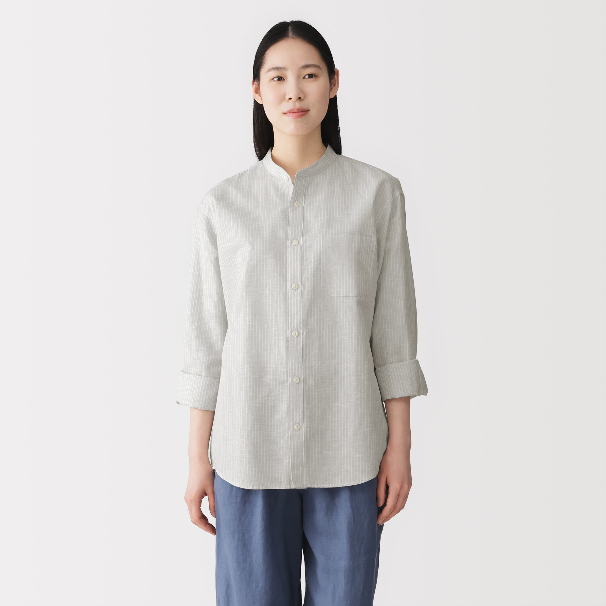 紳士　ヘンプコットンスタンドカラー長袖シャツ