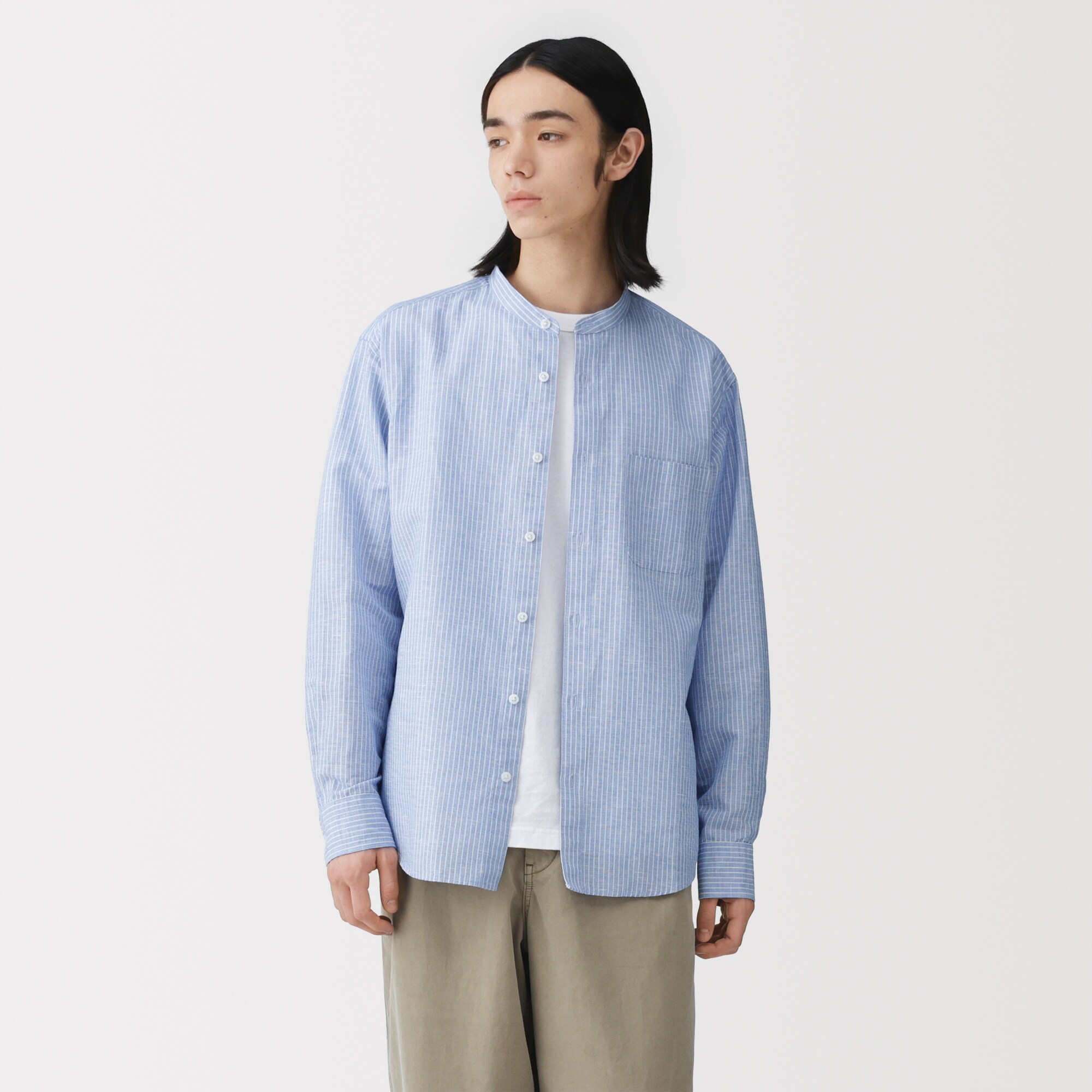 紳士　ヘンプコットンスタンドカラー長袖シャツ