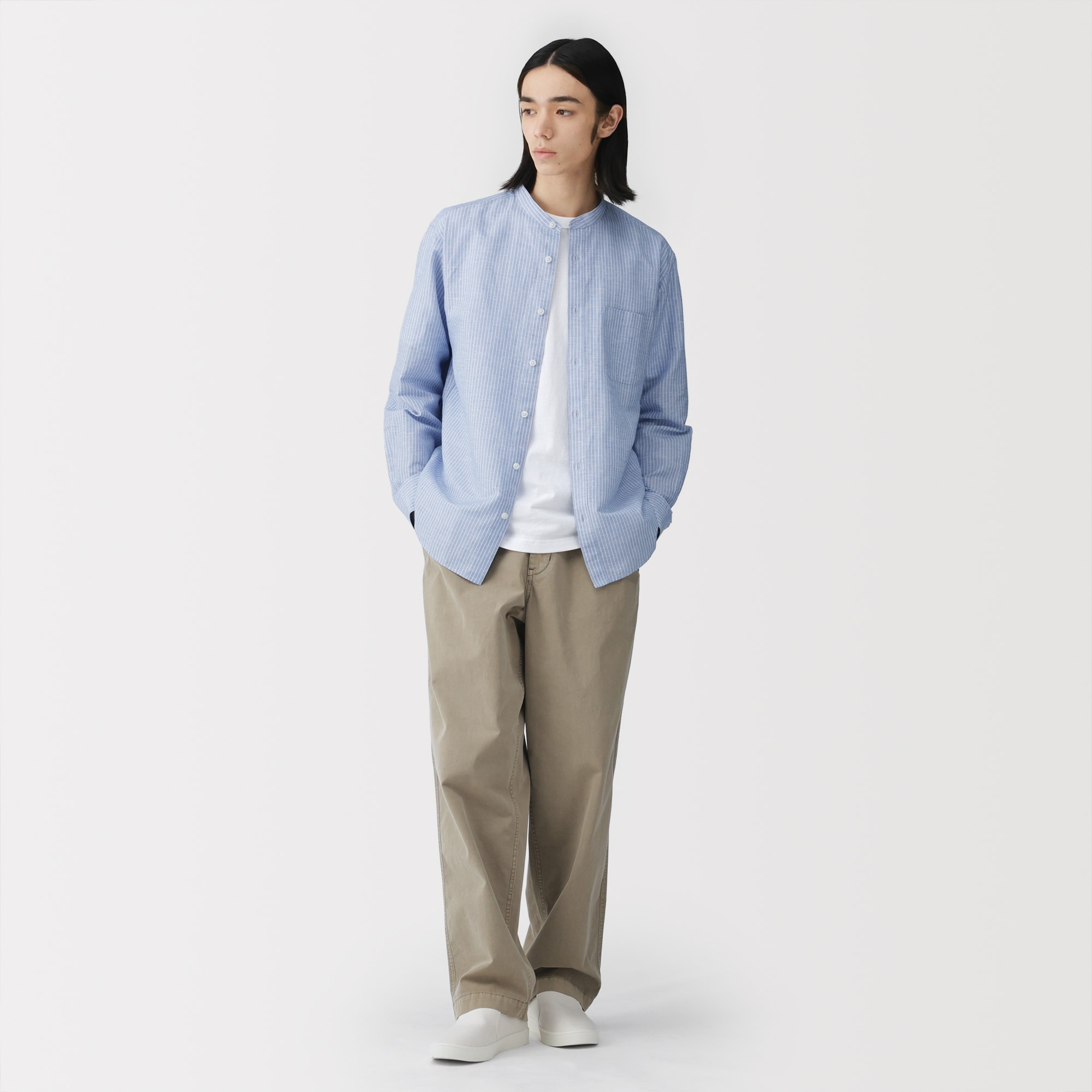 紳士　ヘンプコットンスタンドカラー長袖シャツ