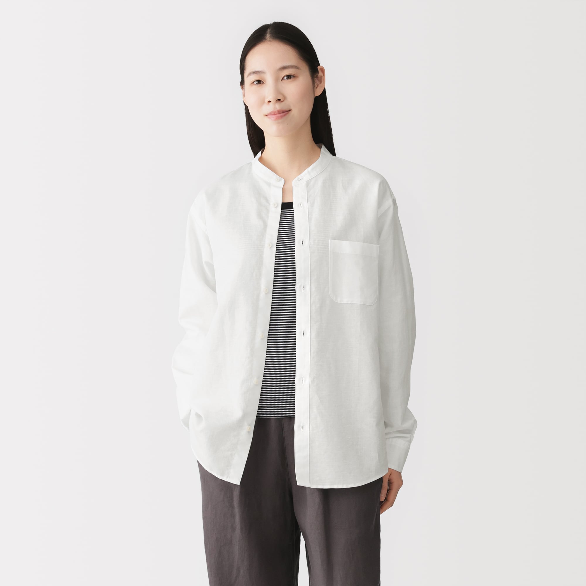 紳士　ヘンプコットンスタンドカラー長袖シャツ