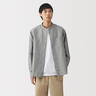 紳士　ヘンプコットンスタンドカラー長袖シャツ