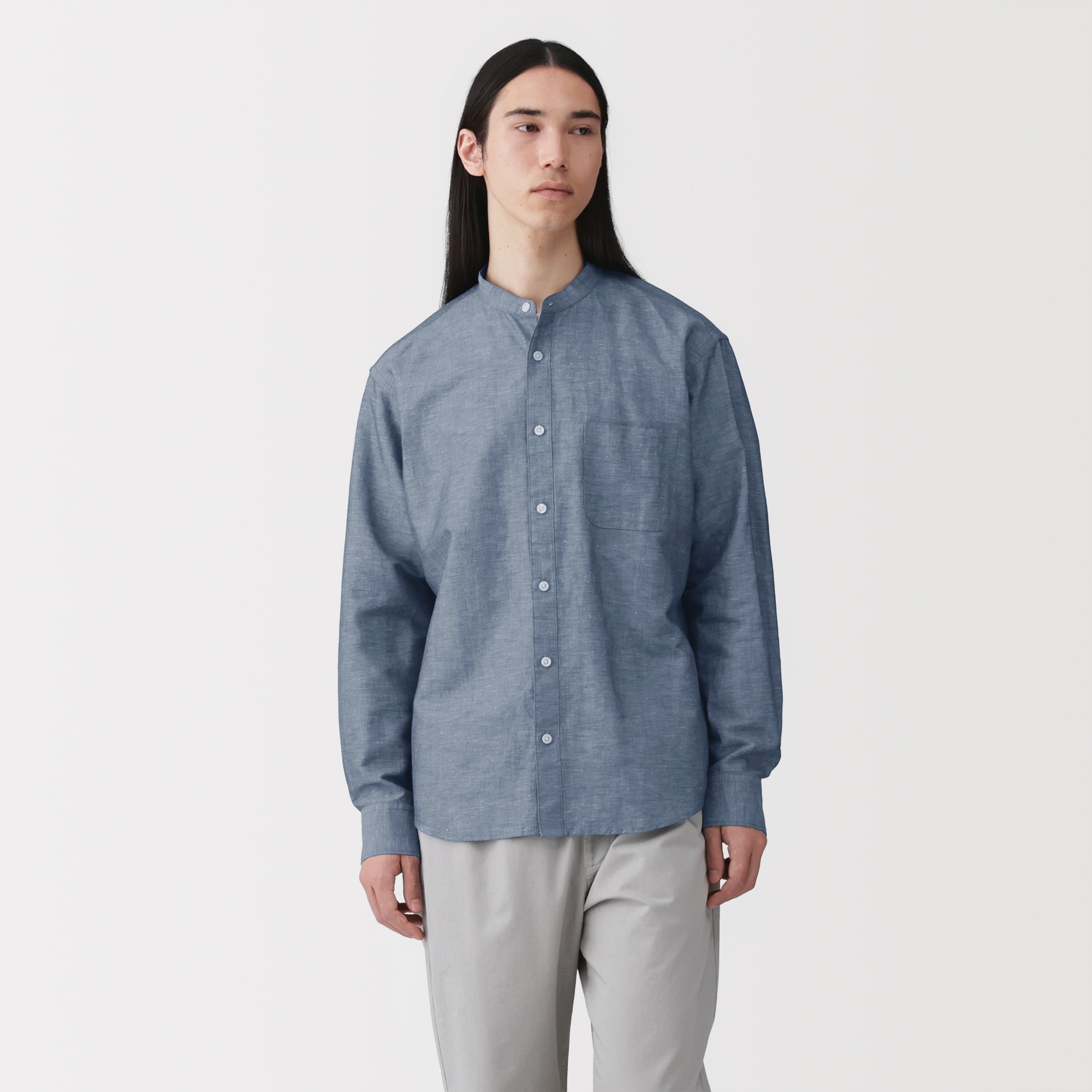 紳士　ヘンプコットンスタンドカラー長袖シャツ
