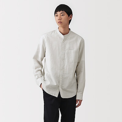 紳士　ヘンプコットンスタンドカラー長袖シャツ