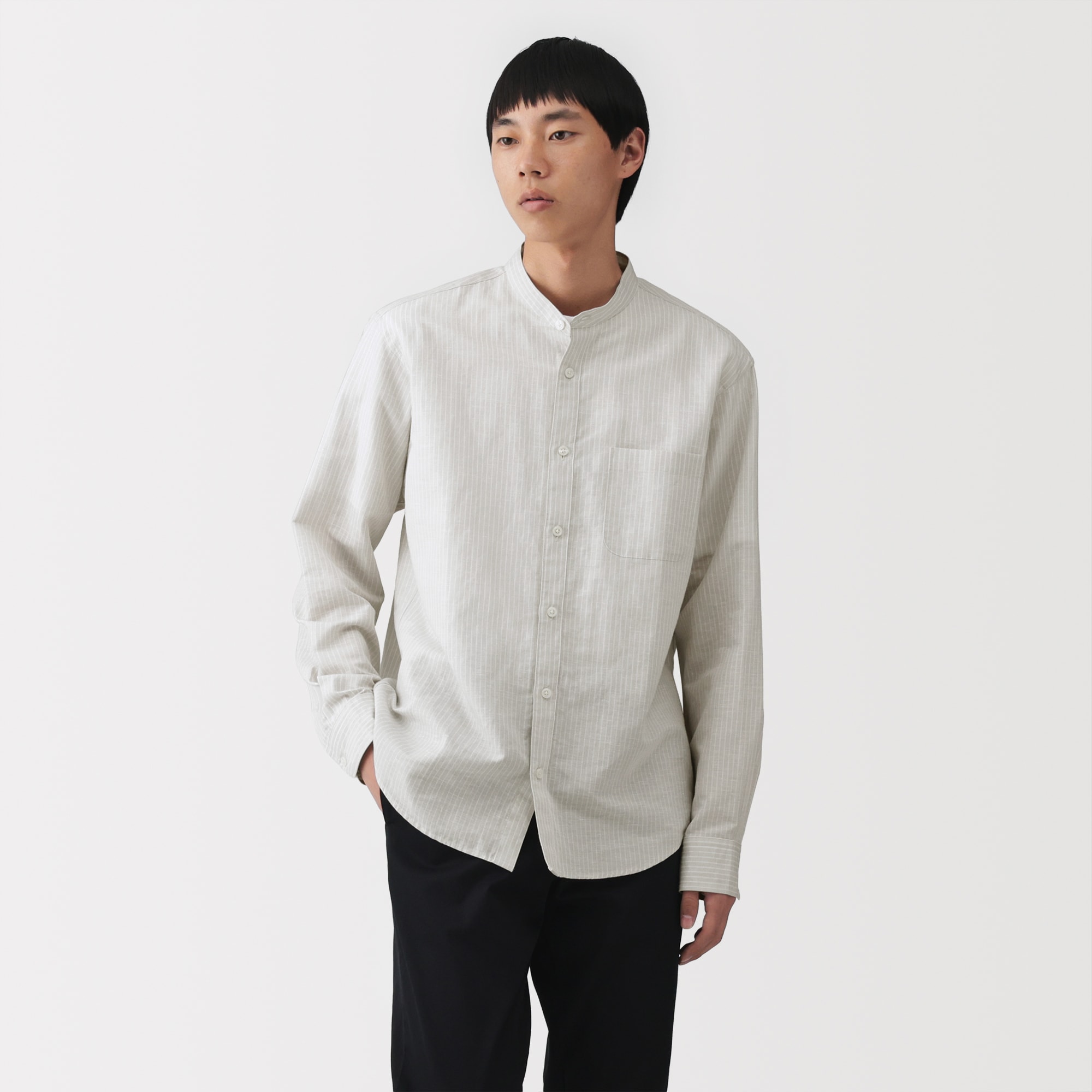 紳士　ヘンプコットンスタンドカラー長袖シャツ