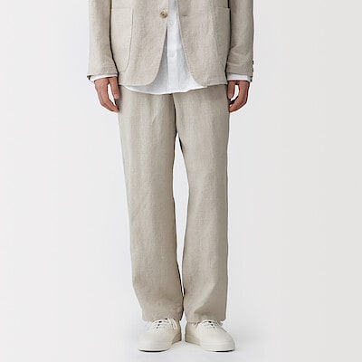 紳士　リネン洗いざらしテーパードパンツ
