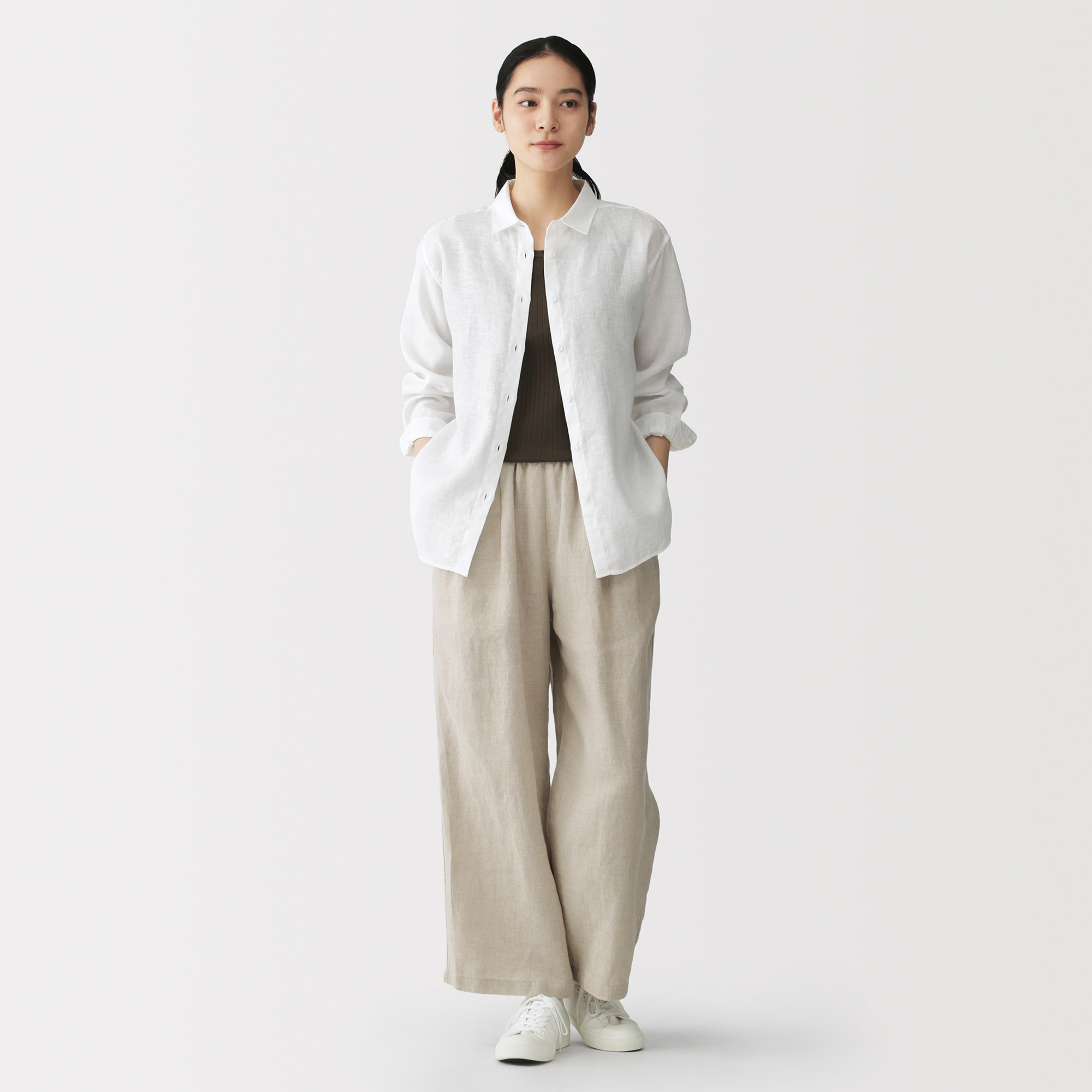 婦人　リネン　洗いざらし　レギュラーカラー長袖シャツ