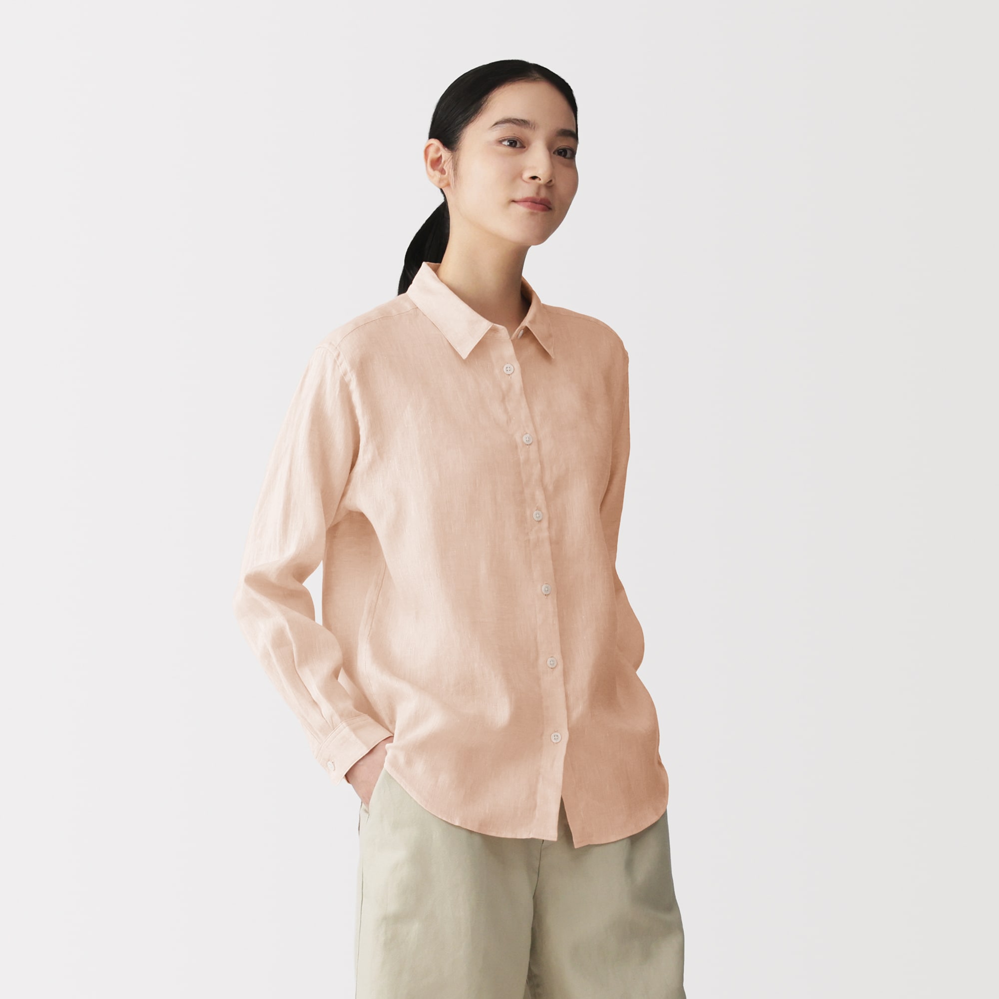 婦人　リネン　洗いざらし　レギュラーカラー長袖シャツ
