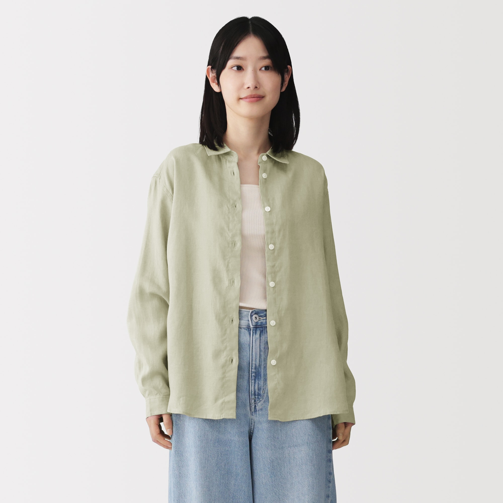婦人　リネン　洗いざらし　レギュラーカラー長袖シャツ