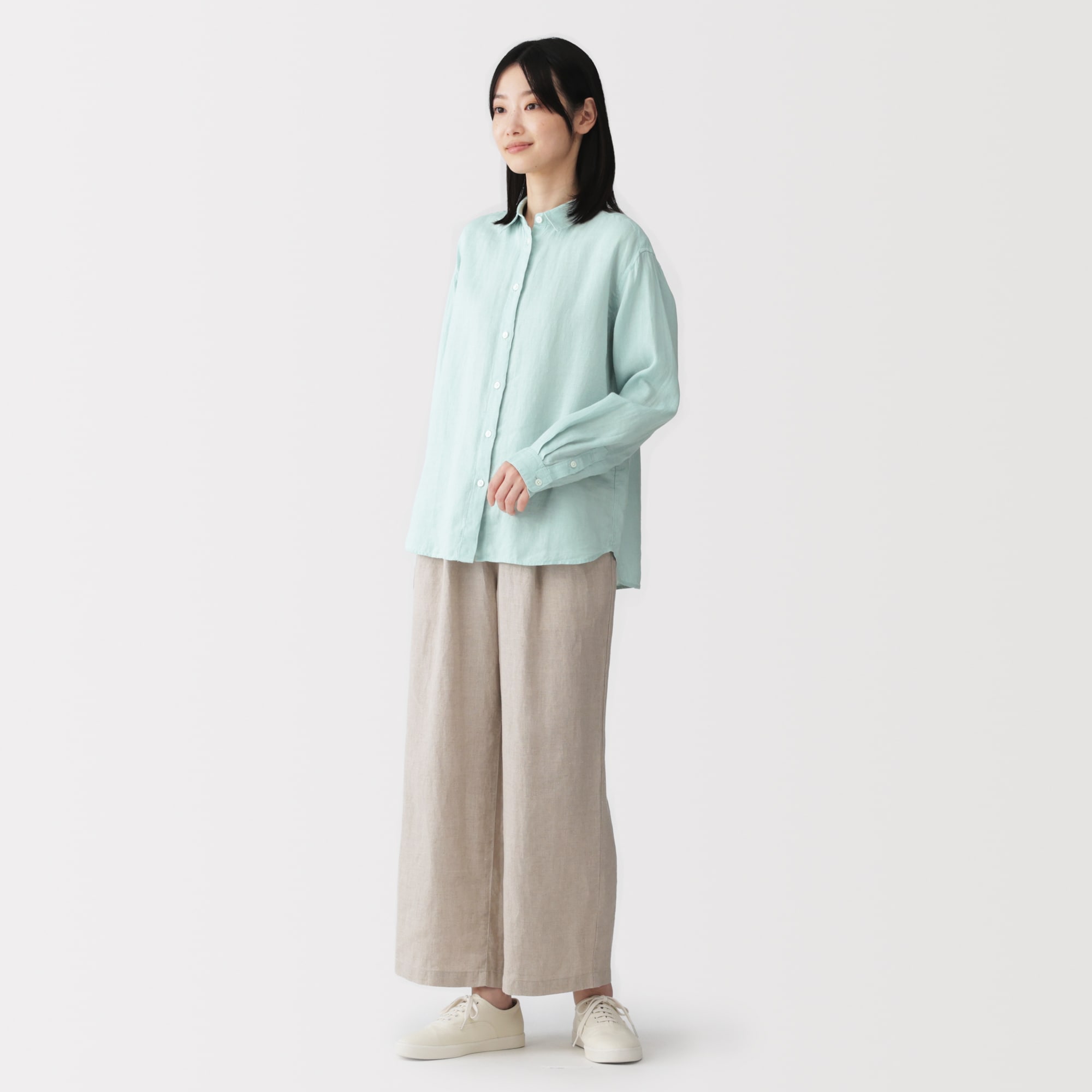 婦人　リネン　洗いざらし　レギュラーカラー長袖シャツ