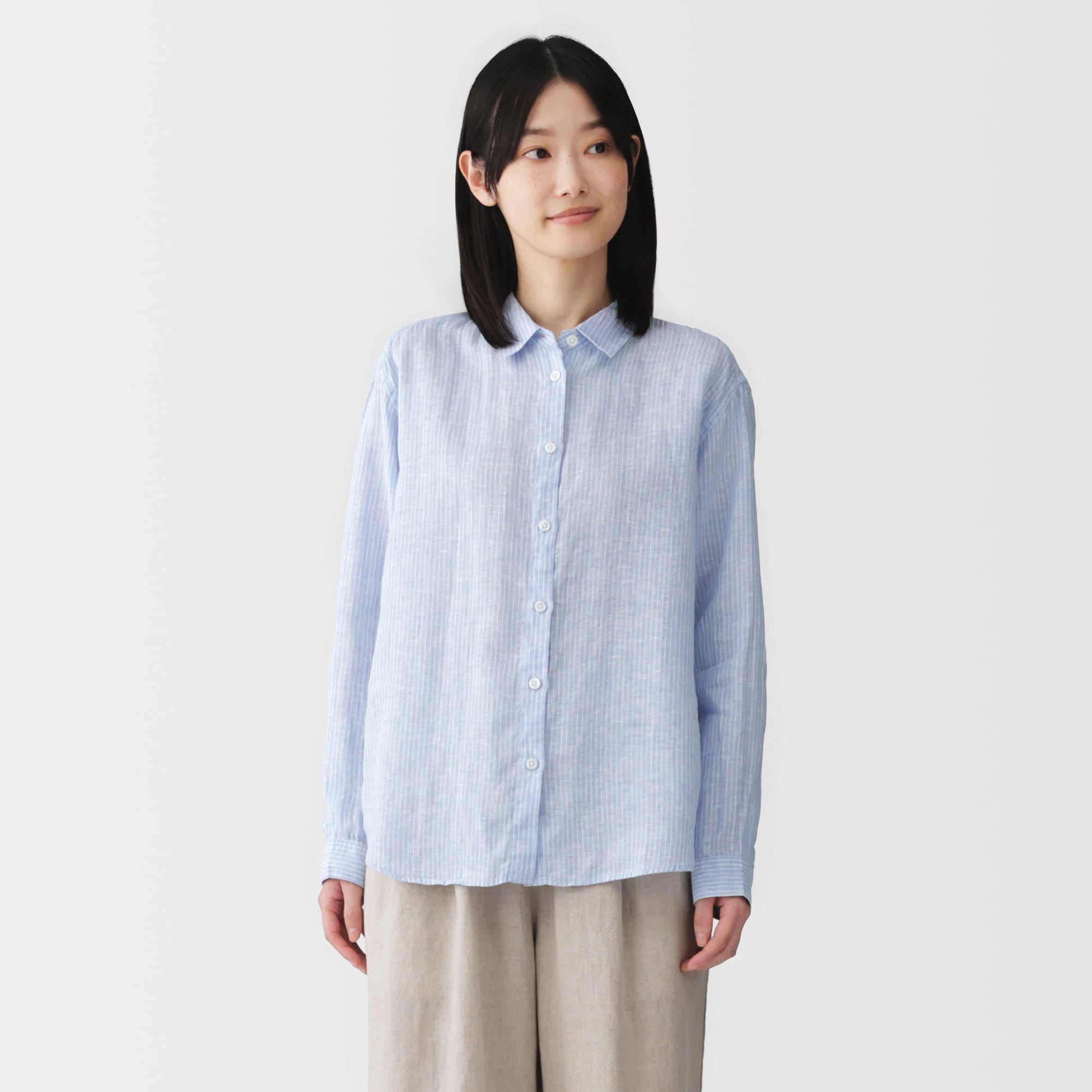 婦人　リネン　洗いざらし　レギュラーカラー長袖シャツ