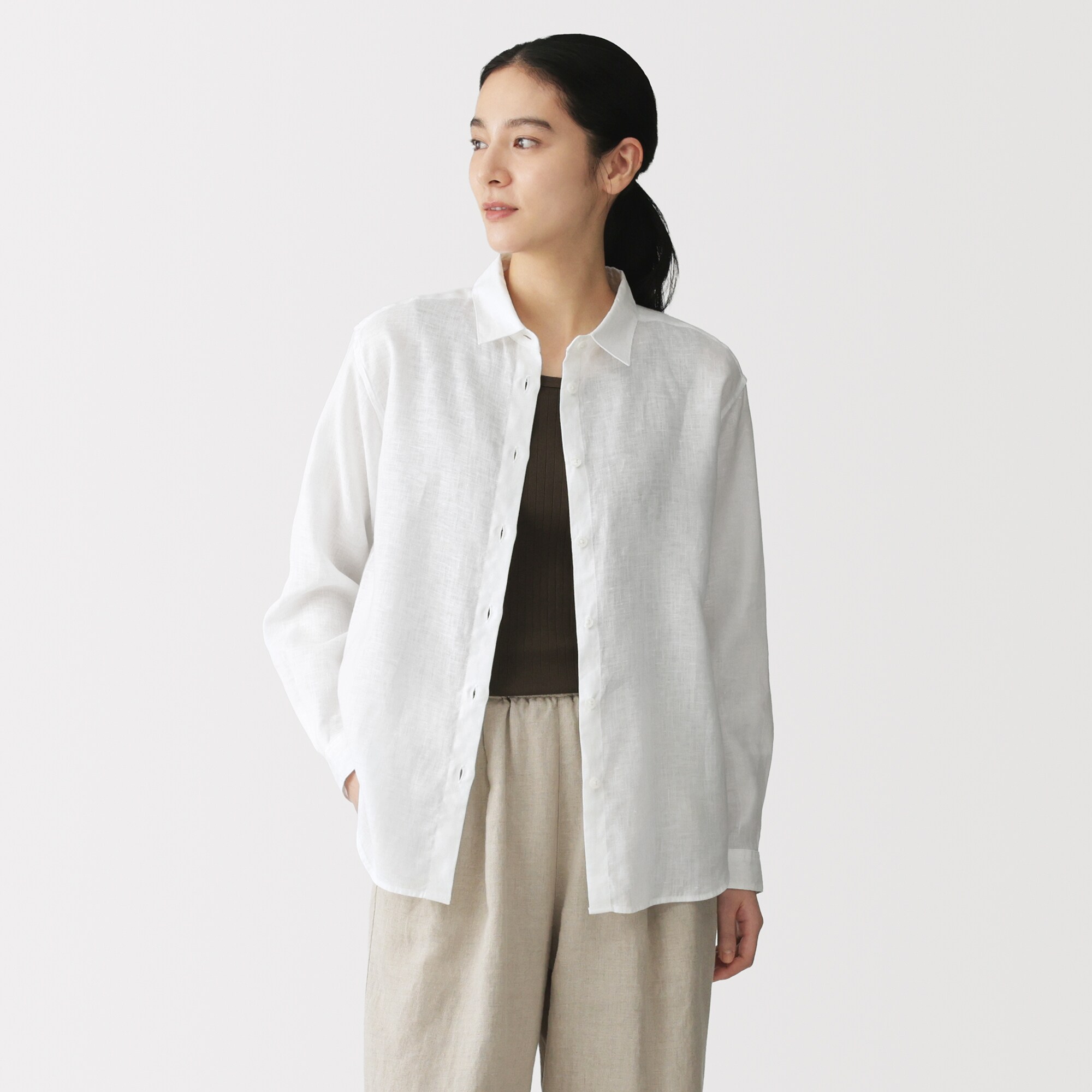 婦人　リネン　洗いざらし　レギュラーカラー長袖シャツ