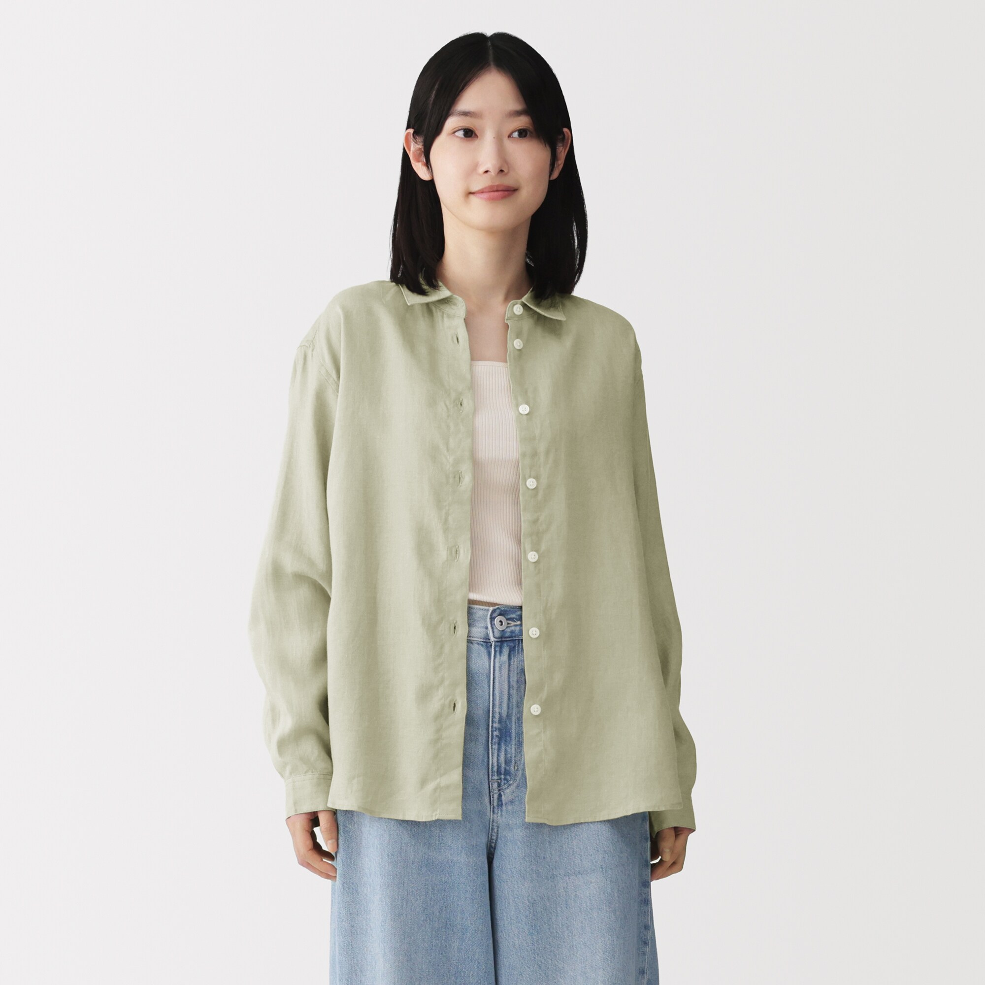 婦人　リネン　洗いざらし　レギュラーカラー長袖シャツ