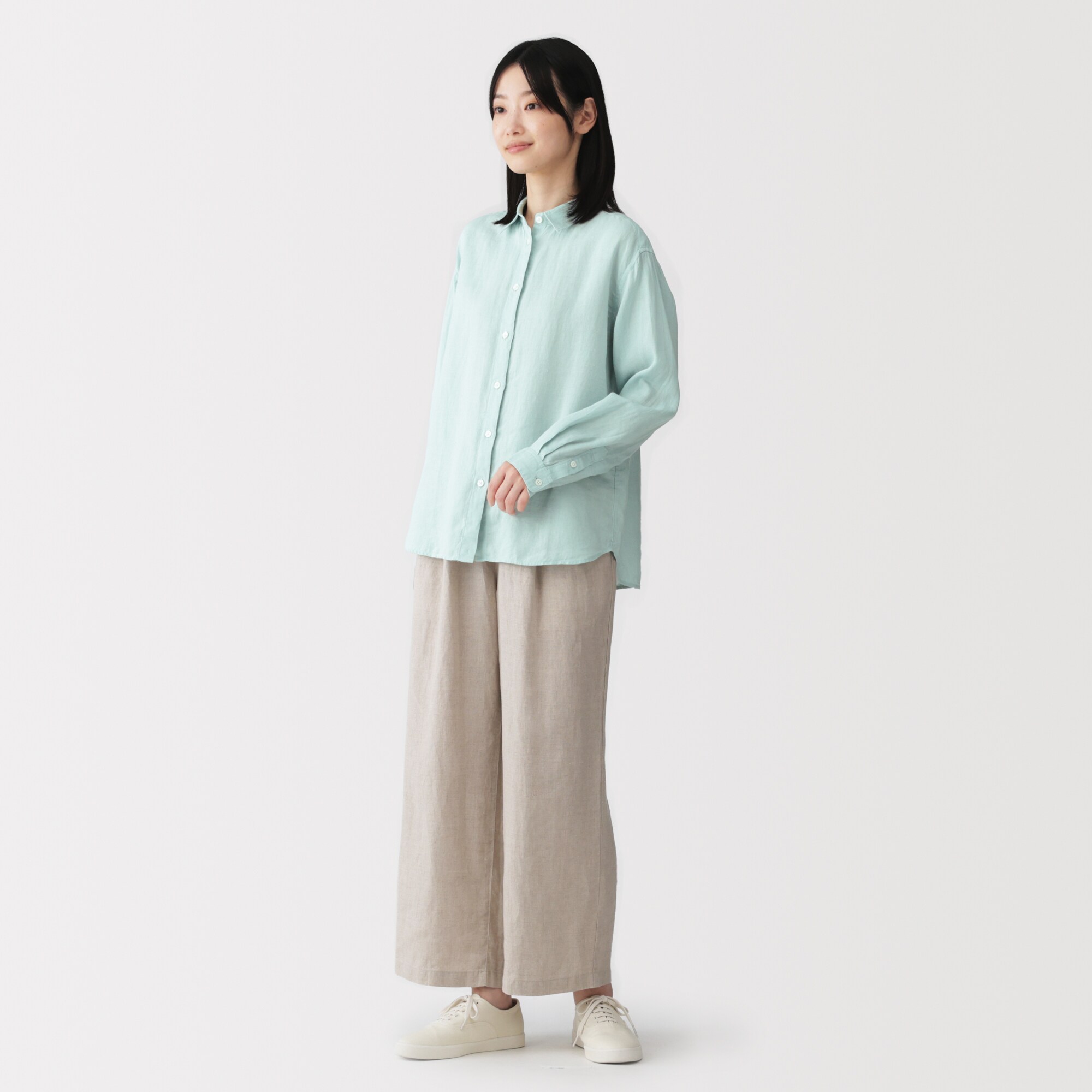 婦人　リネン　洗いざらし　レギュラーカラー長袖シャツ