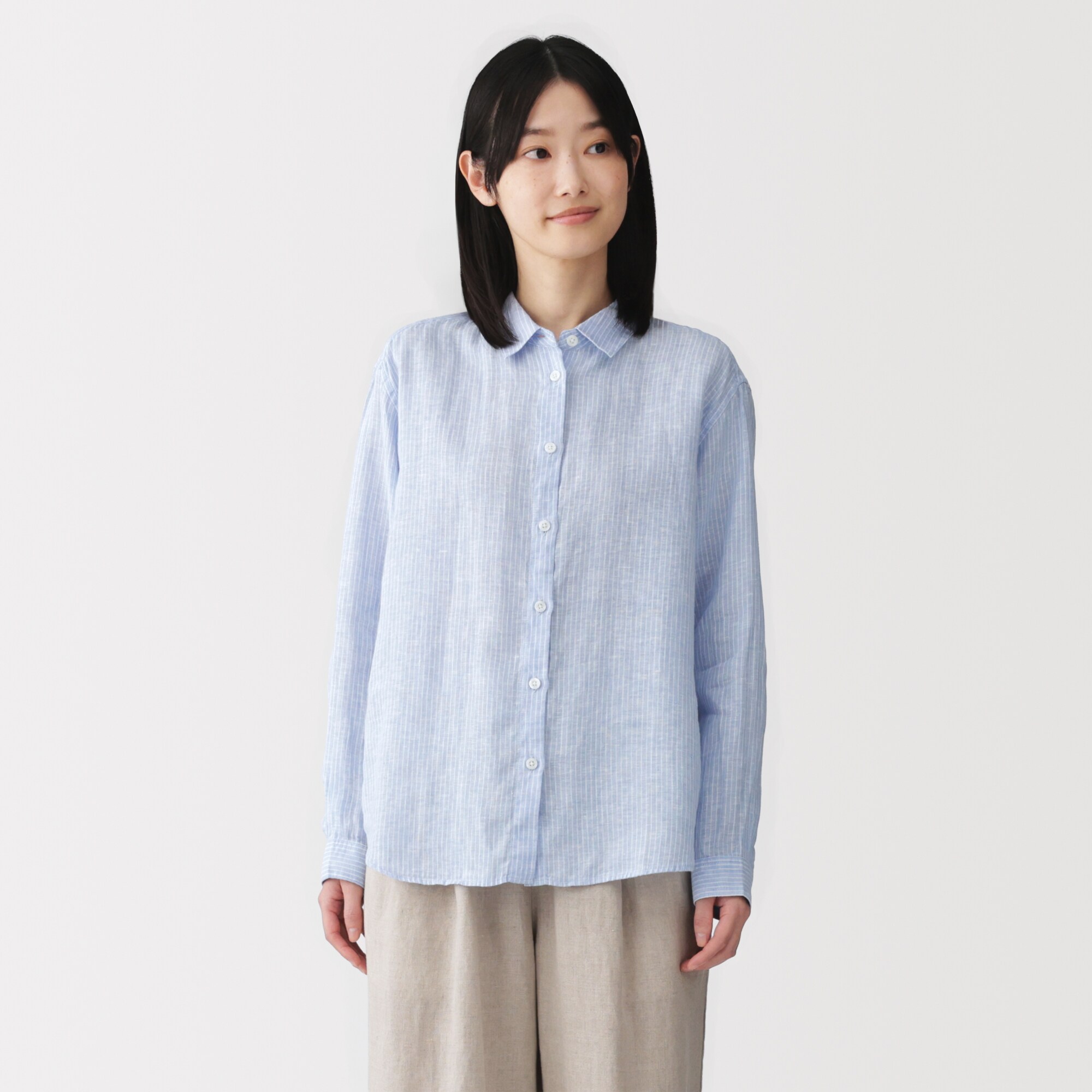 婦人　リネン　洗いざらし　レギュラーカラー長袖シャツ