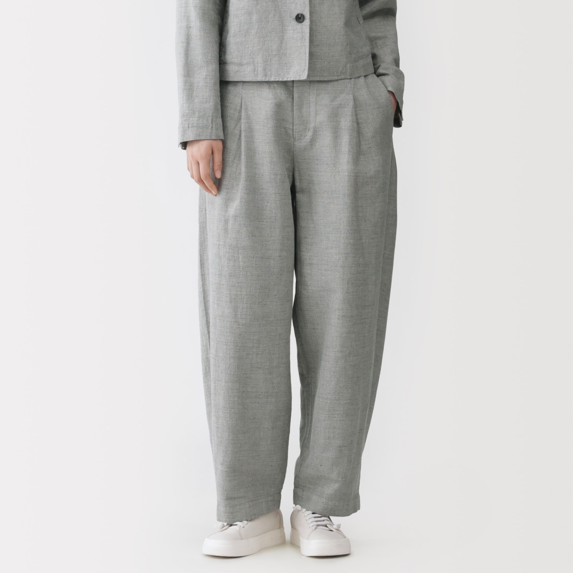 婦人　リネンコットンヘリンボーンタックワイドパンツ
