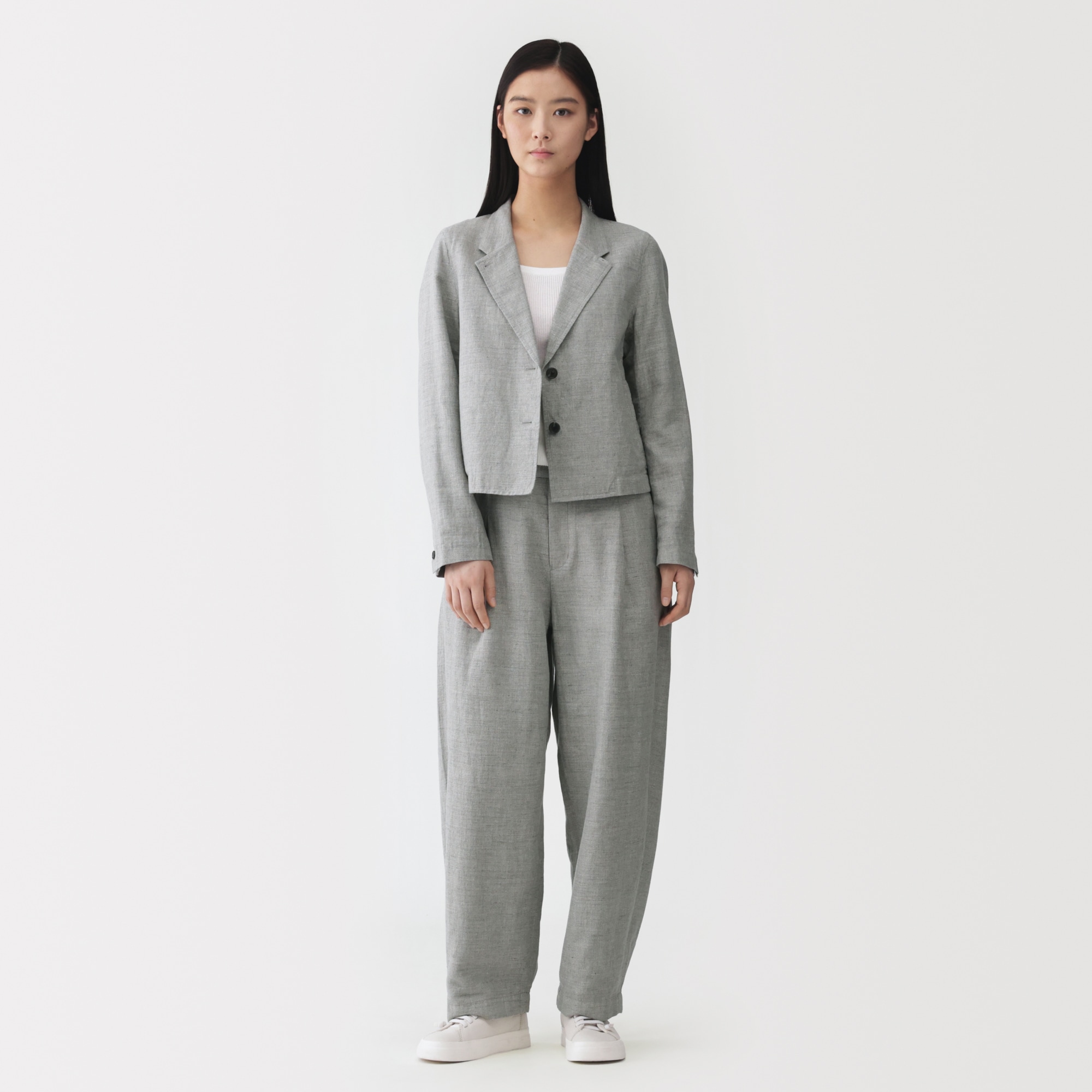 婦人　リネンコットンヘリンボーンタックワイドパンツ