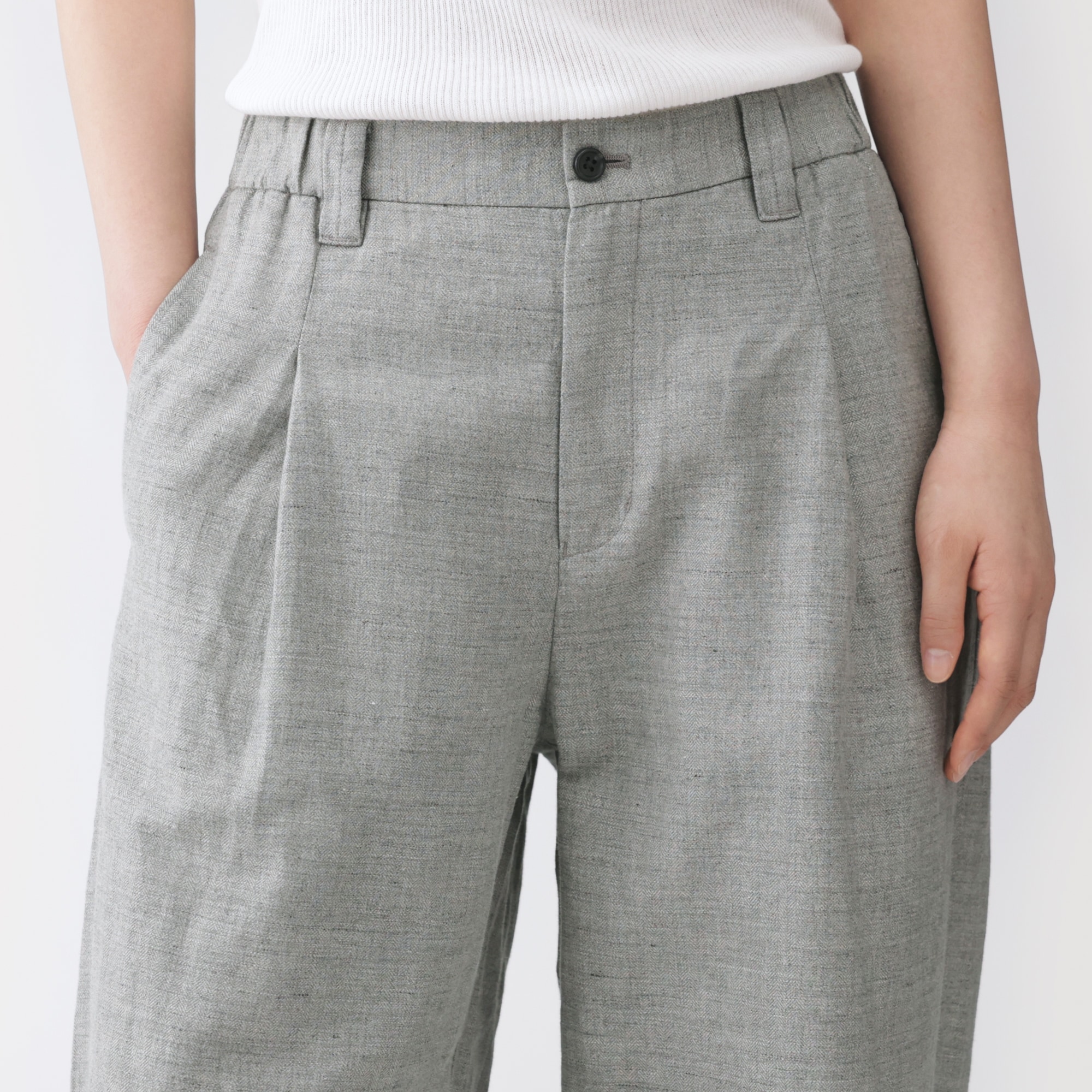 婦人　リネンコットンヘリンボーンタックワイドパンツ