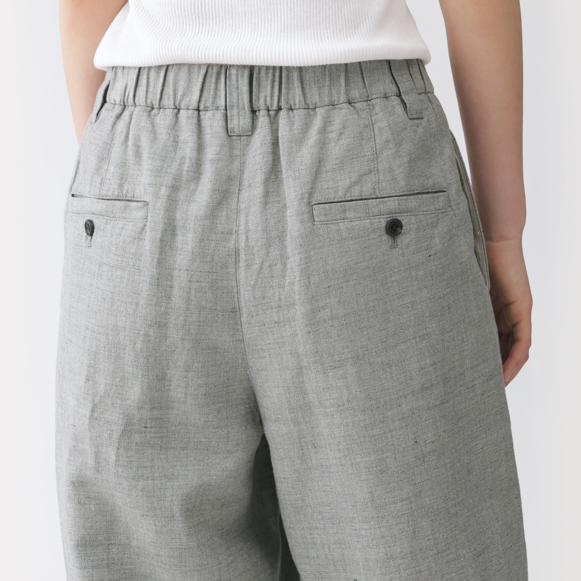 婦人　リネンコットンヘリンボーンタックワイドパンツ