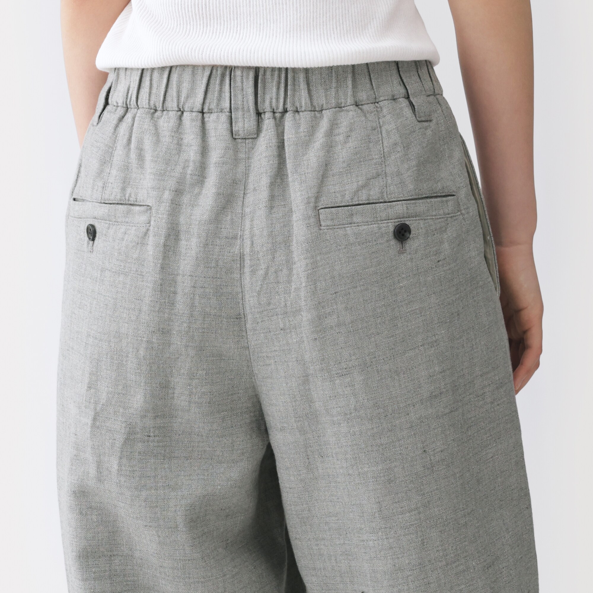 婦人　リネンコットンヘリンボーンタックワイドパンツ