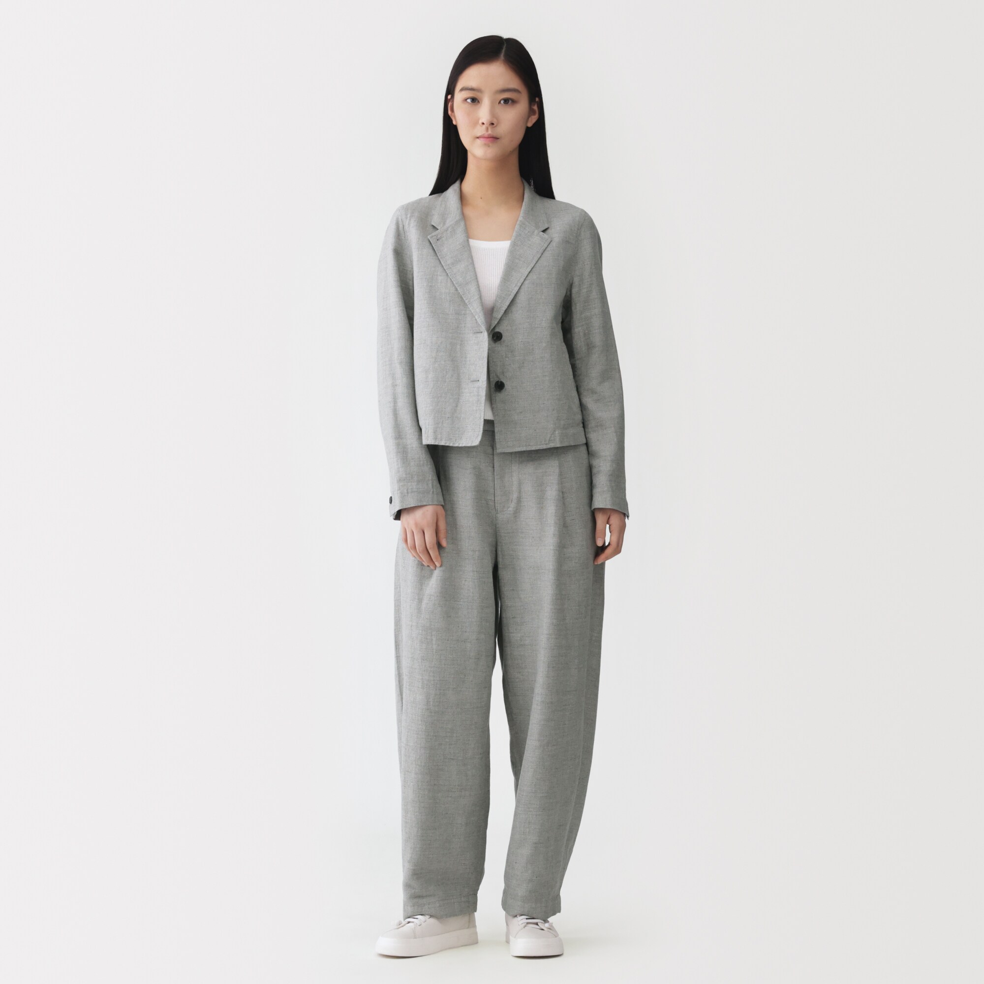 婦人　リネンコットンヘリンボーンタックワイドパンツ