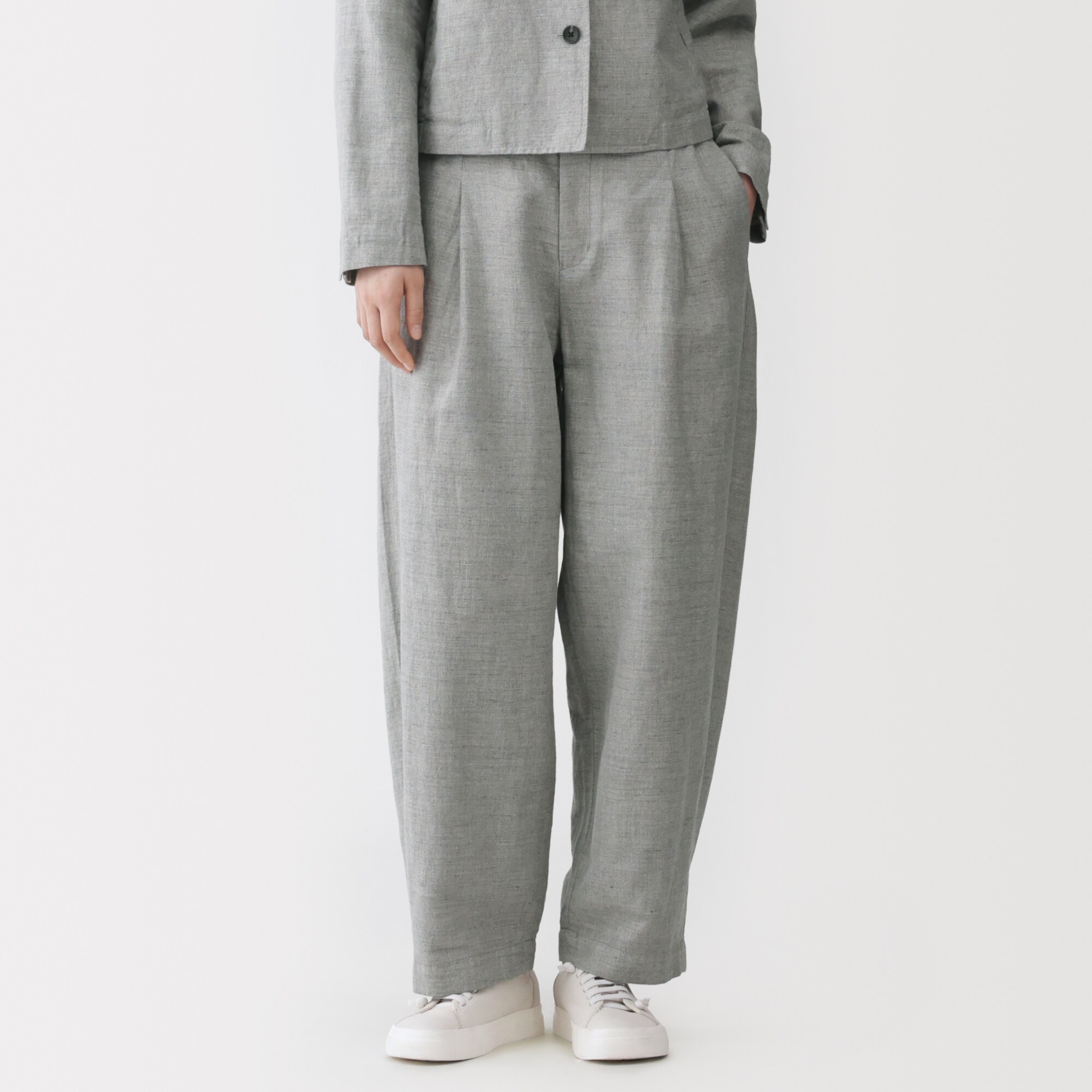 婦人　リネンコットンヘリンボーンタックワイドパンツ