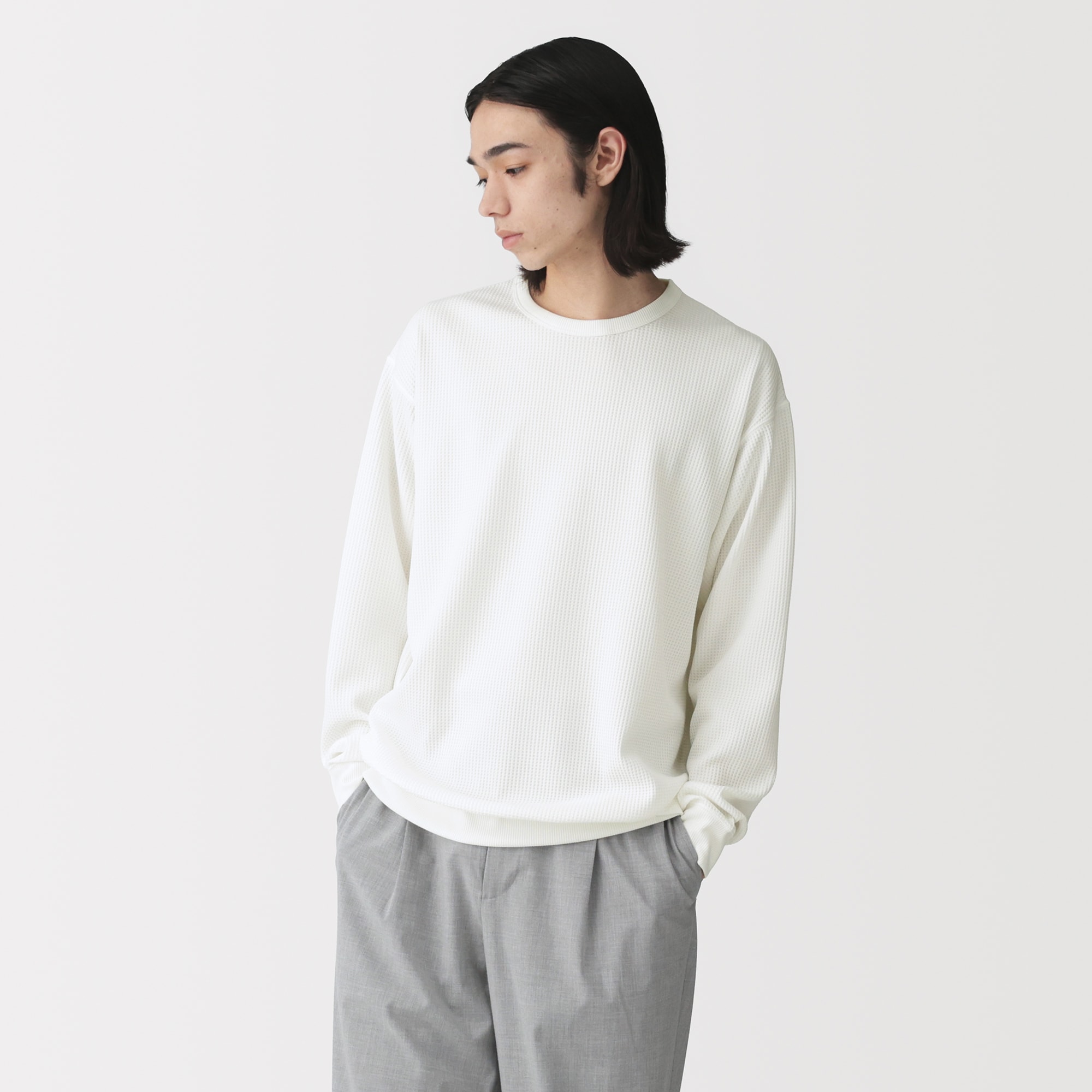 紳士　ＵＶカット乾きやすいワッフルクルーネック長袖Ｔシャツ