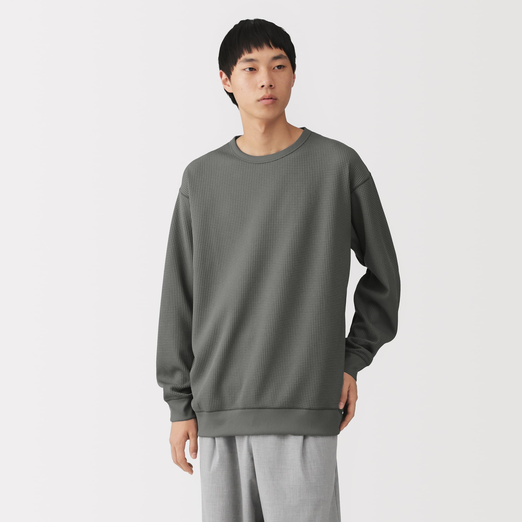 紳士 UVカット乾きやすいワッフルクルーネック長袖Tシャツ | 無印良品