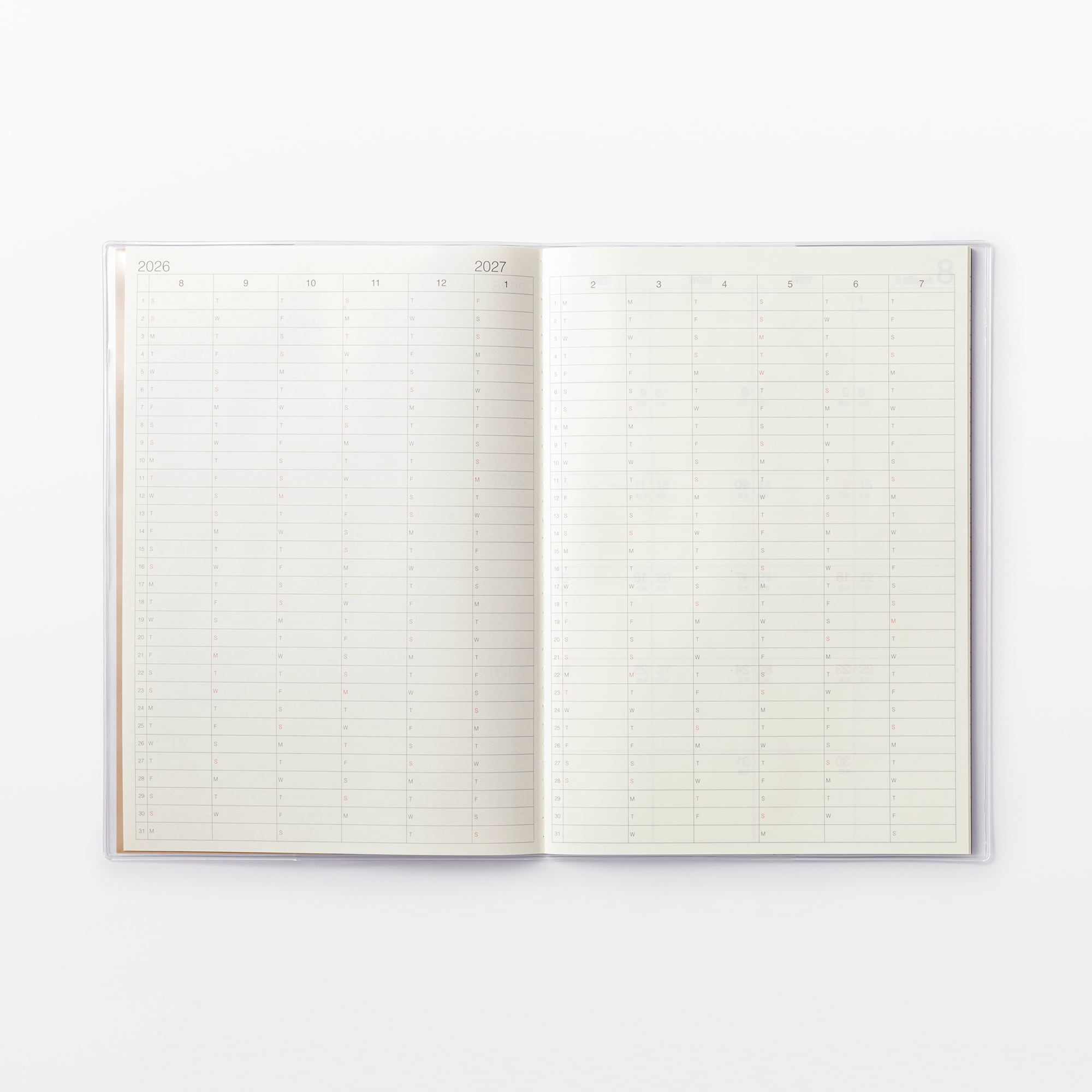 日曜始まりマンスリースケジュール帳・２０２６年８月始まり