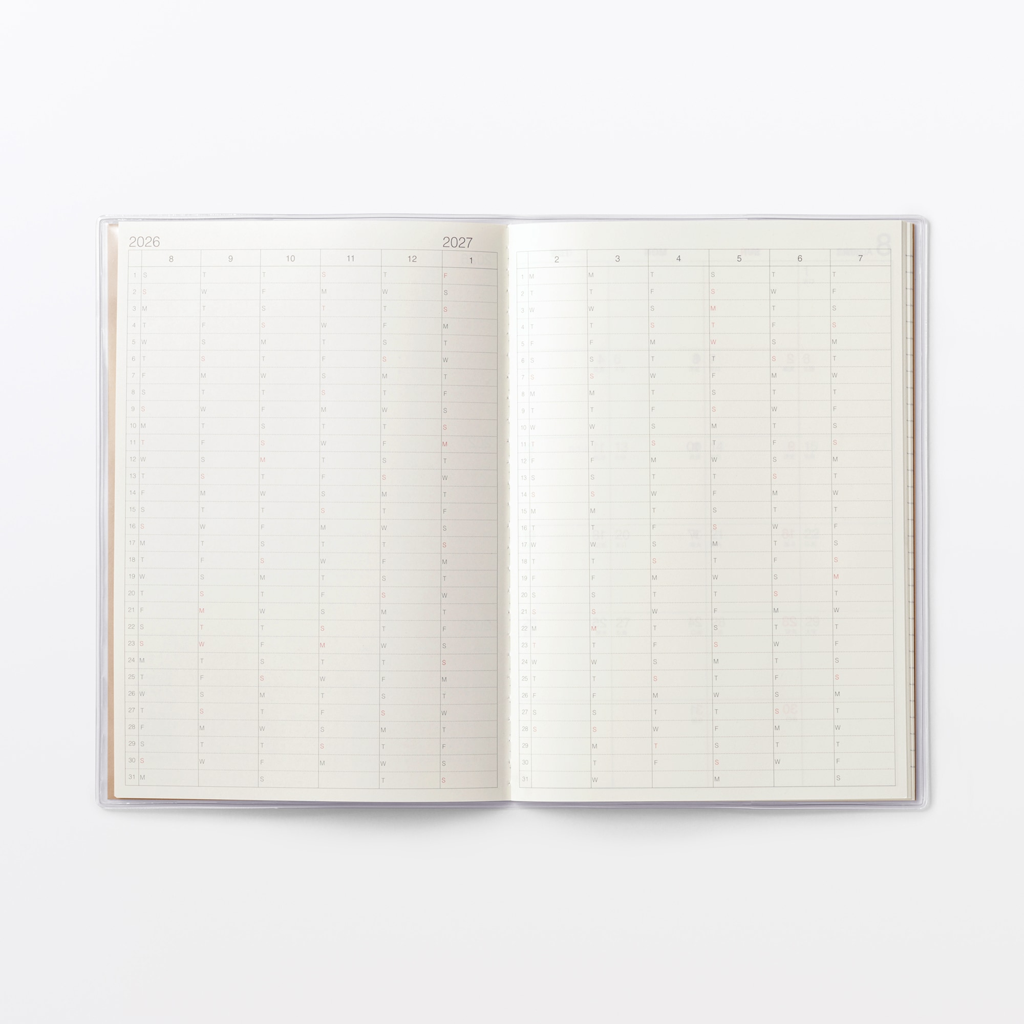 日曜始まりマンスリースケジュール帳・２０２６年８月始まり