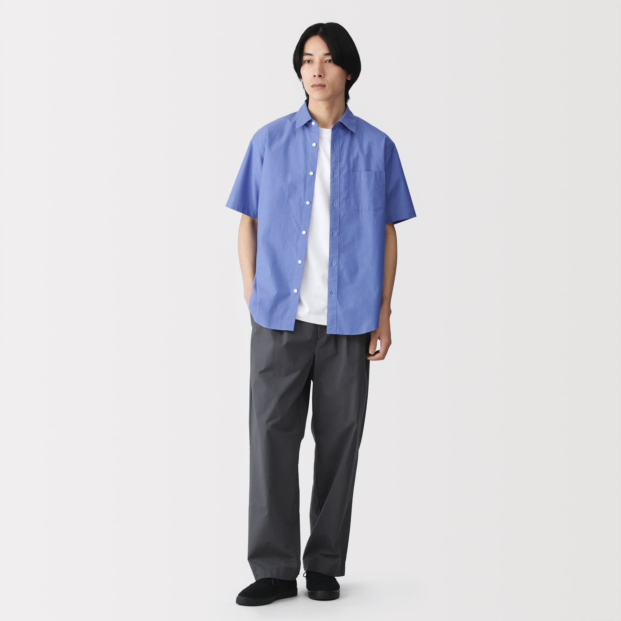 紳士　洗いざらしブロード半袖シャツ