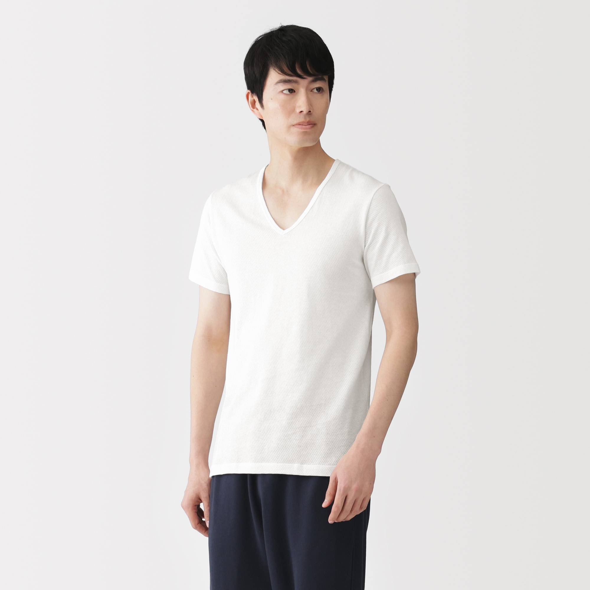 紳士　さらっと綿メッシュ編み　Ｖネック半袖Ｔシャツ