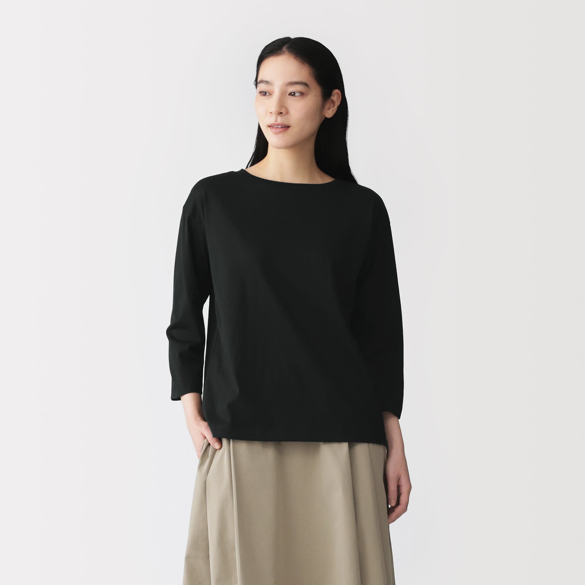 カットソー(長袖/七分) Ameri vintage SLIP NECK KNIT 婦人 天竺編みボートネック七分袖Tシャツ | 無印良品