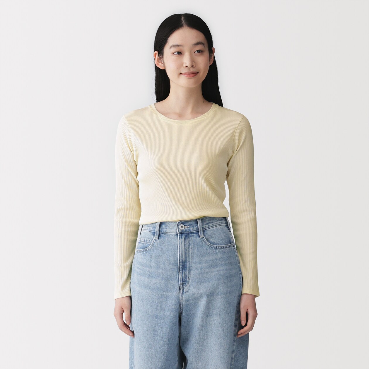 婦人　なめらかリブ編みクルーネック長袖Ｔシャツ
