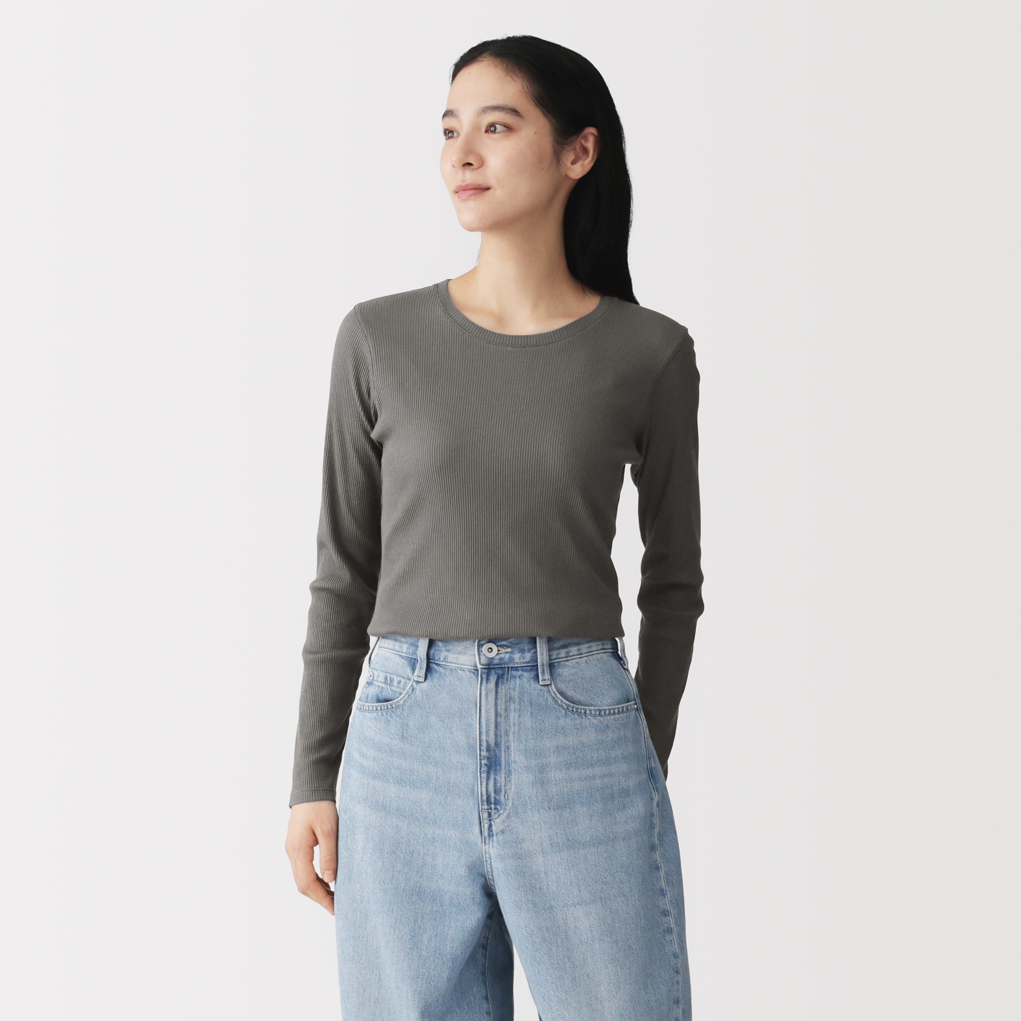 婦人 なめらかリブ編みクルーネック長袖Tシャツ | 無印良品