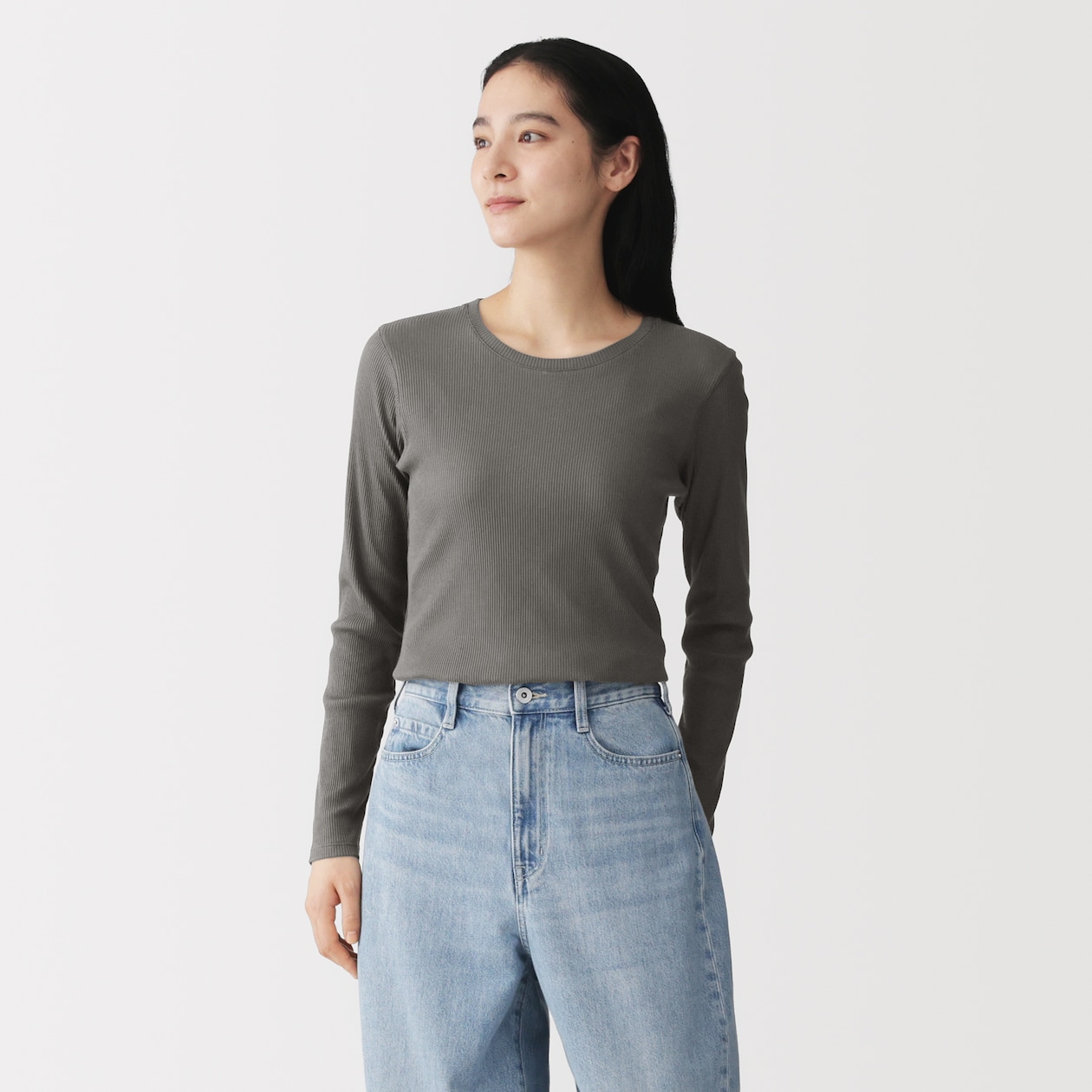 婦人　なめらかリブ編みクルーネック長袖Ｔシャツ