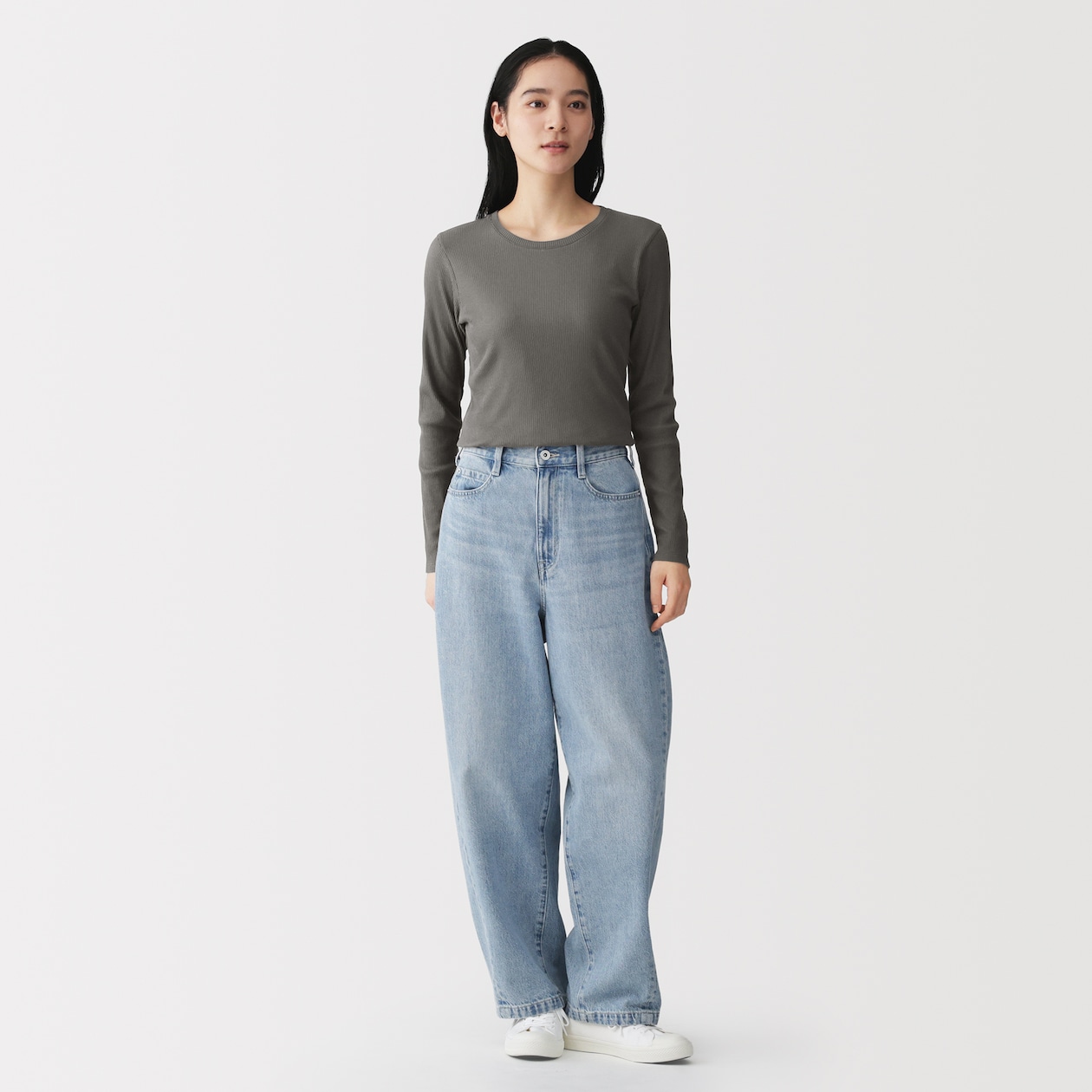 婦人　なめらかリブ編みクルーネック長袖Ｔシャツ