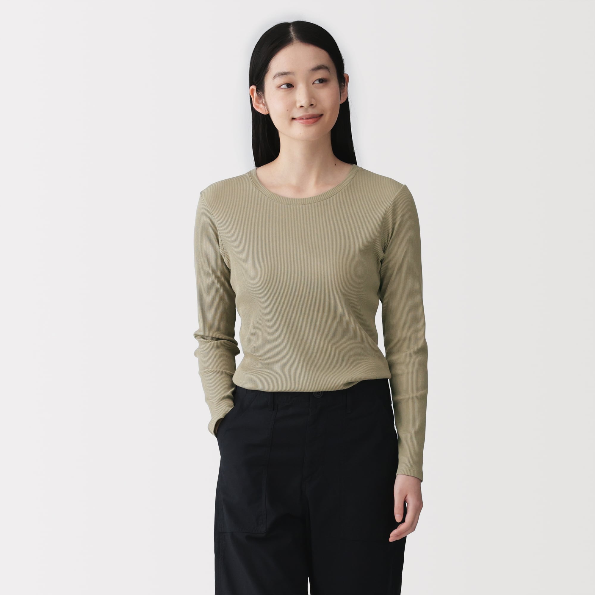 婦人　なめらかリブ編みクルーネック長袖Ｔシャツ
