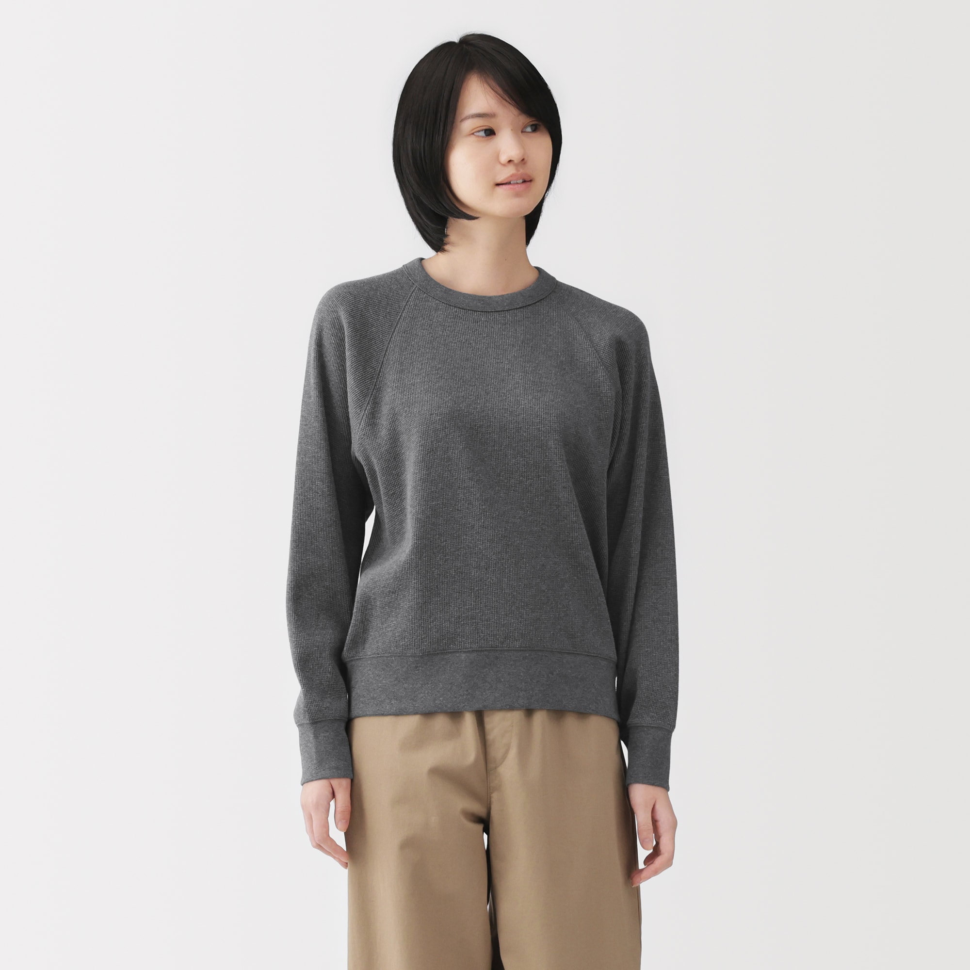 婦人　ワッフル編みクルーネック長袖Ｔシャツ