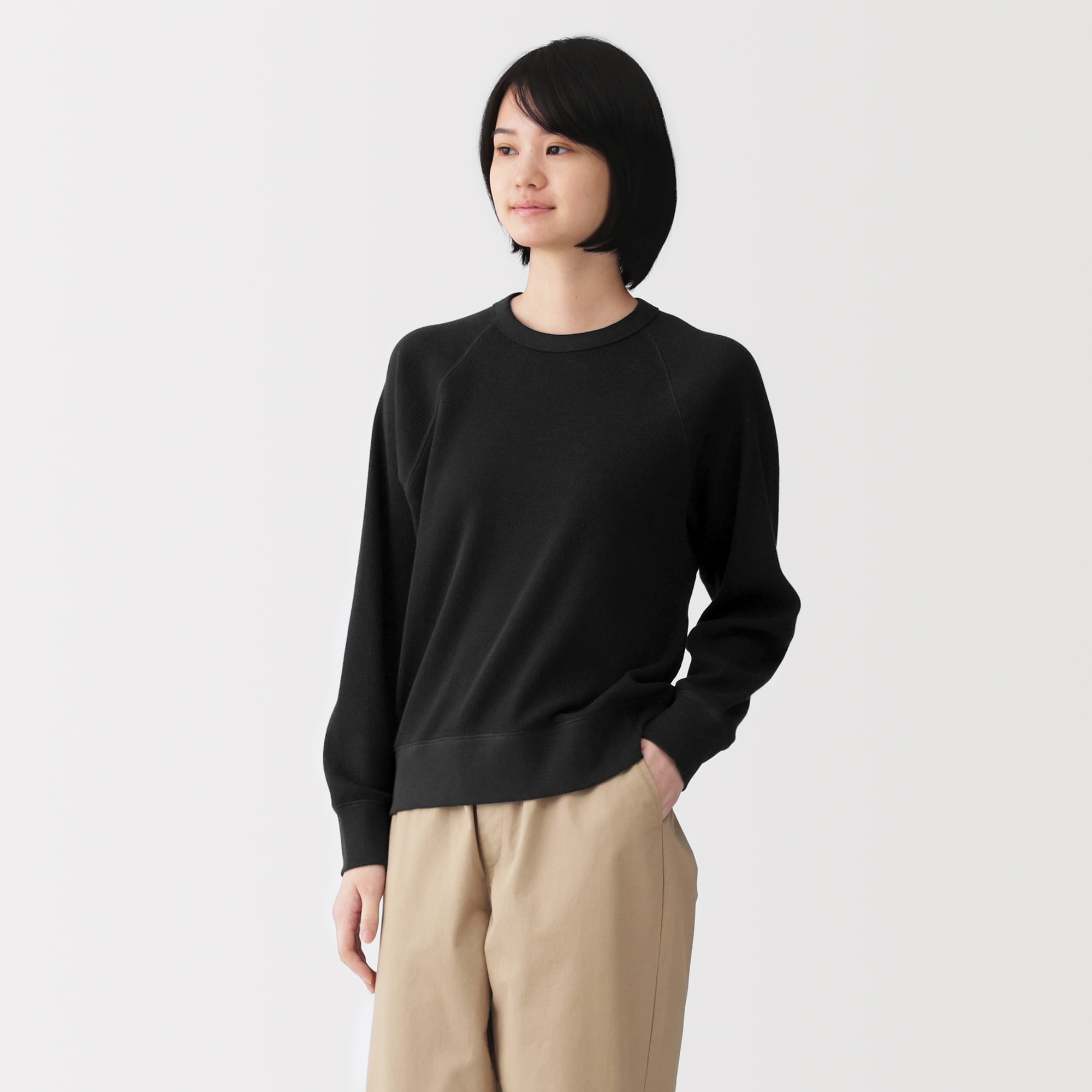 婦人 ワッフル編みクルーネック長袖Tシャツ | 無印良品