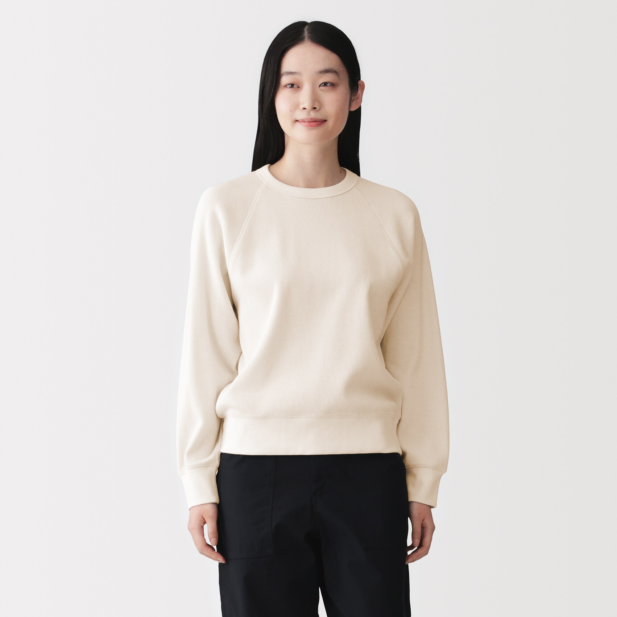 婦人　ワッフル編みクルーネック長袖Ｔシャツ