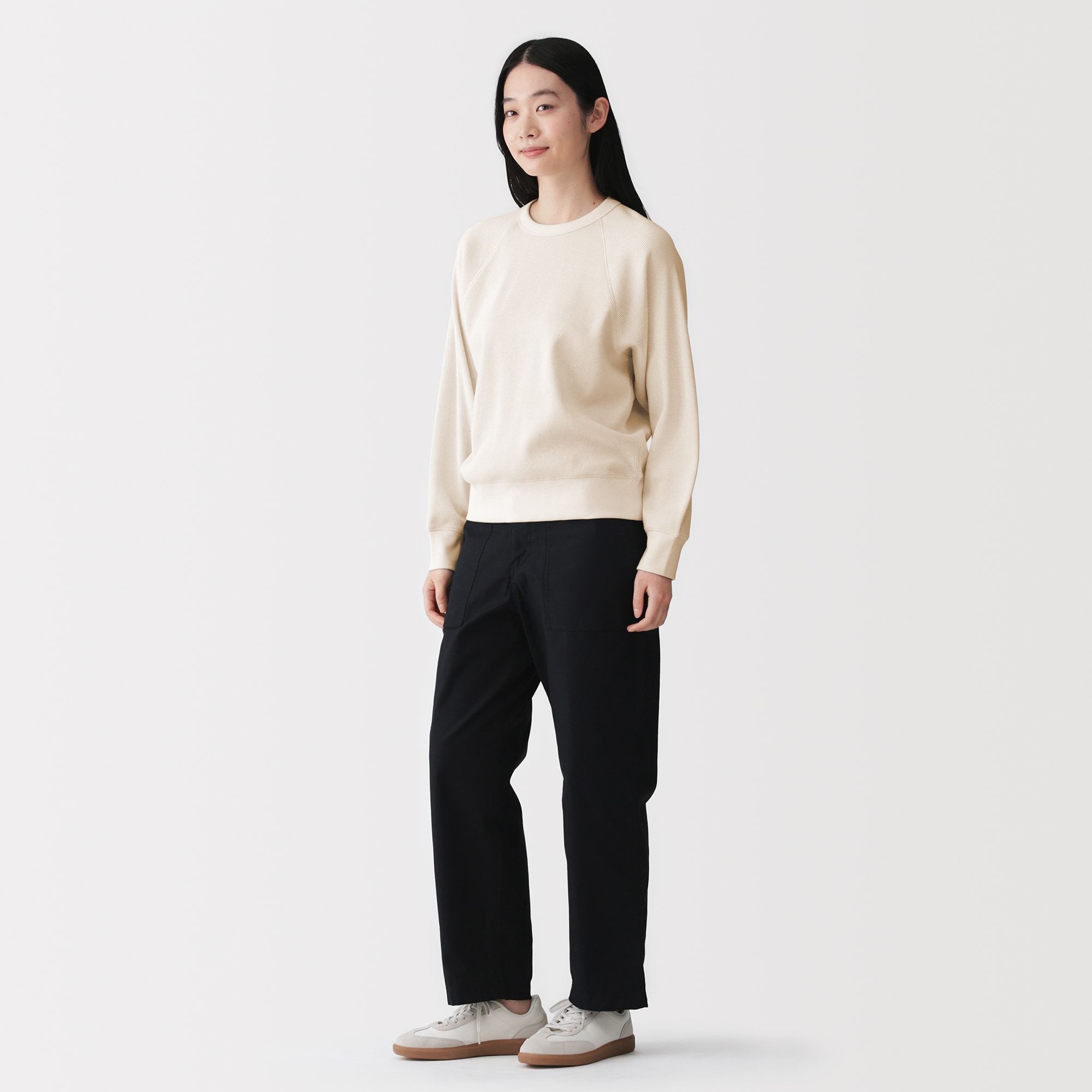 婦人　ワッフル編みクルーネック長袖Ｔシャツ